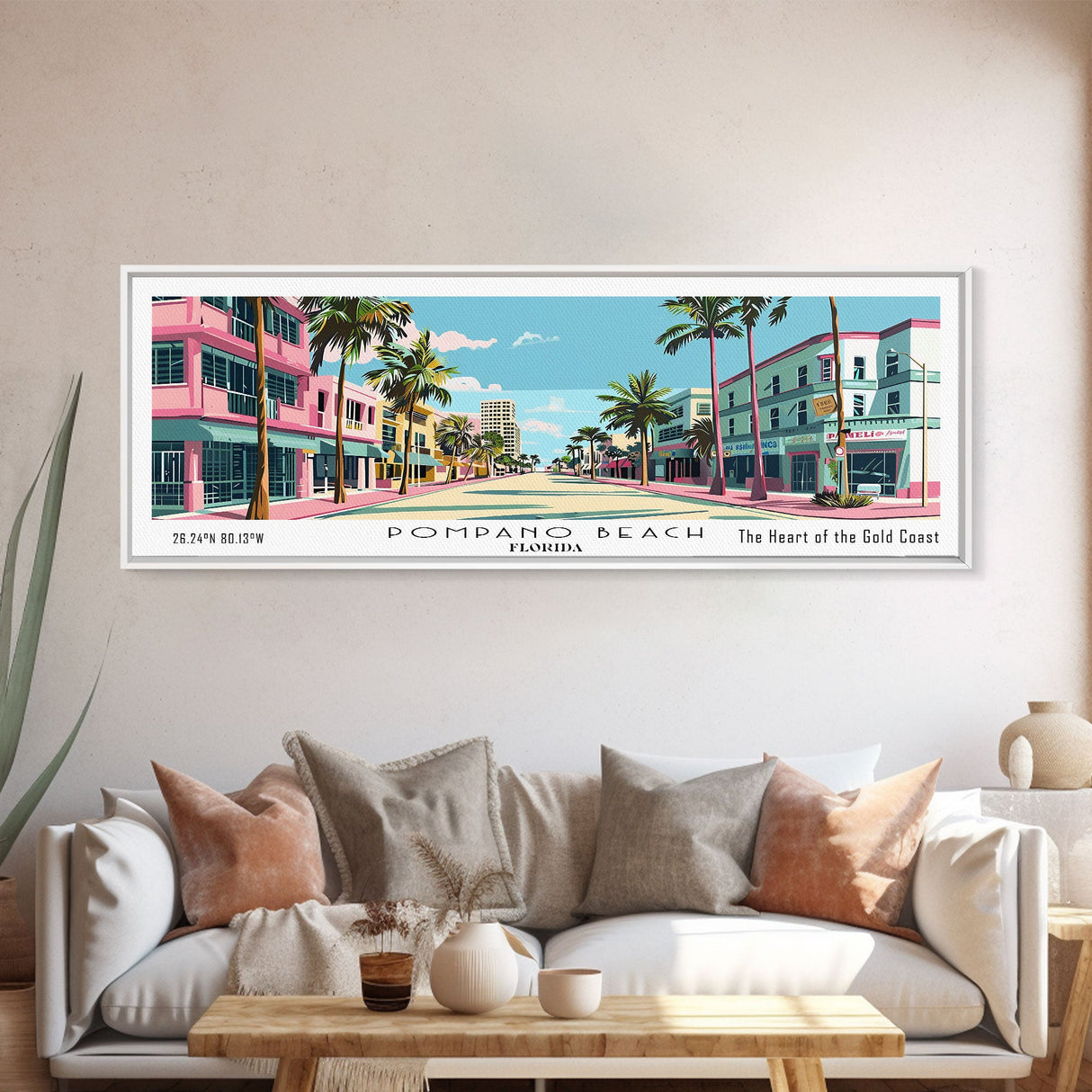 Pompano Beach Florida Panoramic Painting, Mid Century Modern Framed Canvas Print, Retro Pop Art Travel Poster, City Art, Office Wall Decor, Living Room Art