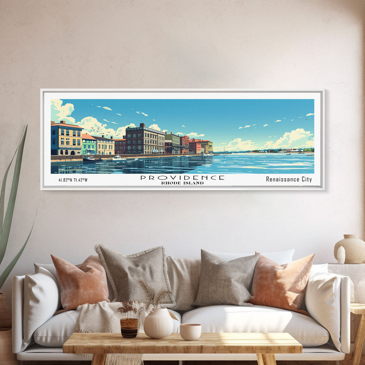 Providence Rhode Island Panoramic Wall Art, Mid Century Modern Framed Canvas Print, Retro Pop Art Travel Poster, City Art, Office Wall Decor, Living Room Art