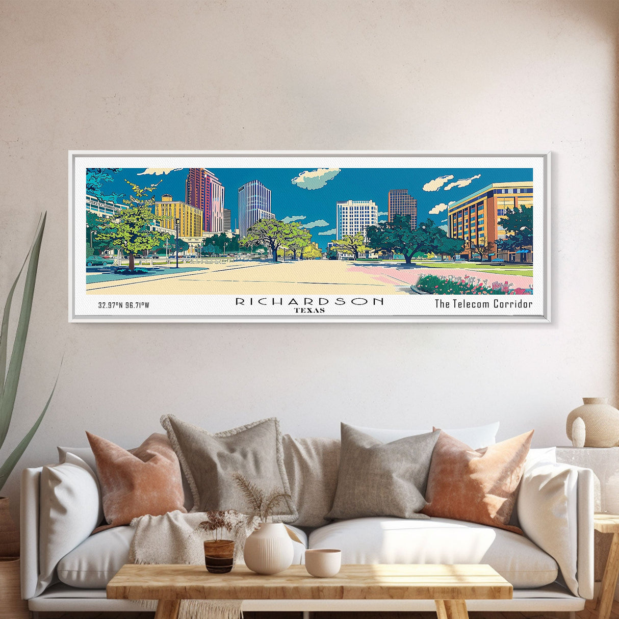 Richardson Texas Panoramic Wall Art, Mid Century Modern Framed Canvas Print, Retro Pop Art Travel Poster, City Art, Office Wall Decor, Living Room Art