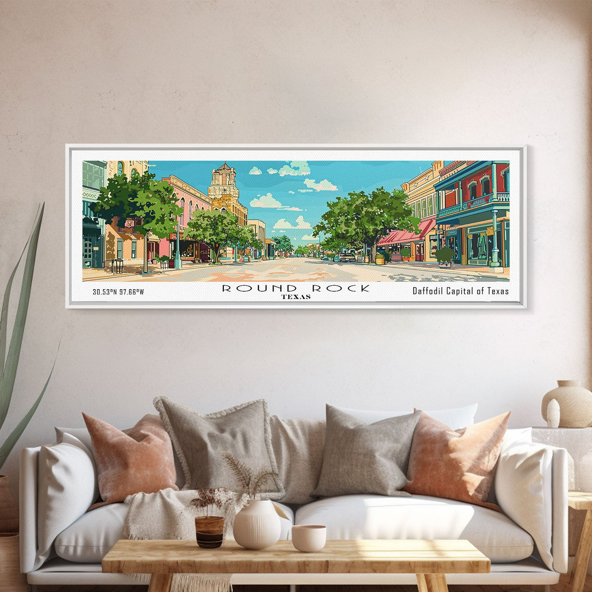 Round Rock Texas Panoramic Painting, Mid Century Modern Framed Canvas Print, Retro Pop Art Travel Poster, City Art, Office Wall Decor, Living Room Art