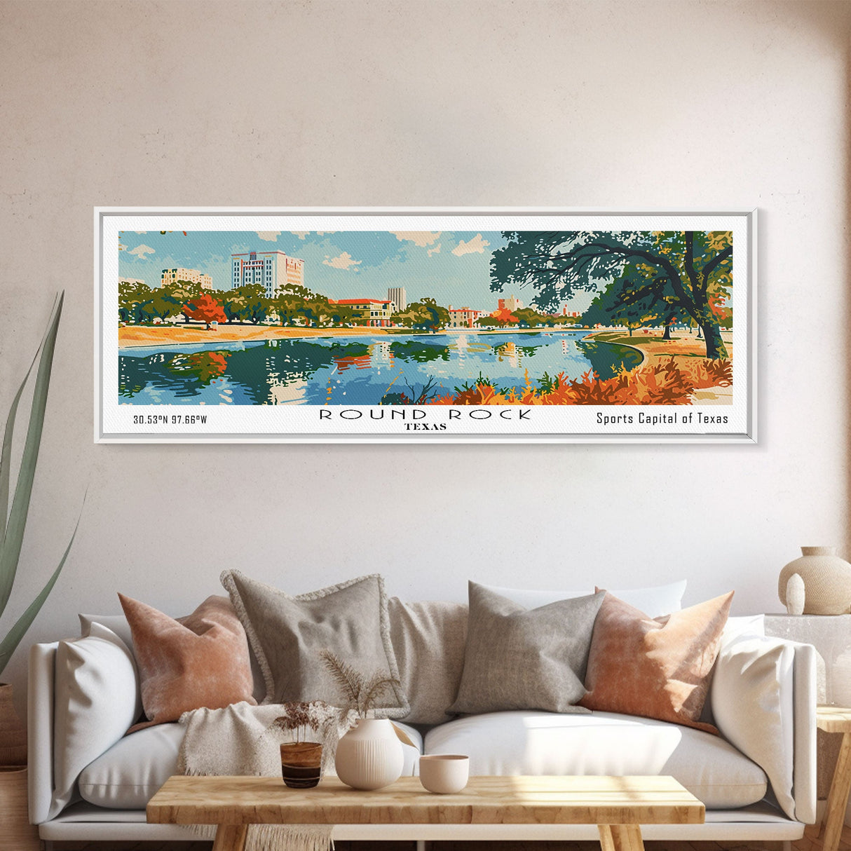 Round Rock Texas Panoramic Painting, Mid Century Modern Framed Canvas Print, Retro Pop Art Travel Poster, City Art, Office Wall Decor, Living Room Art