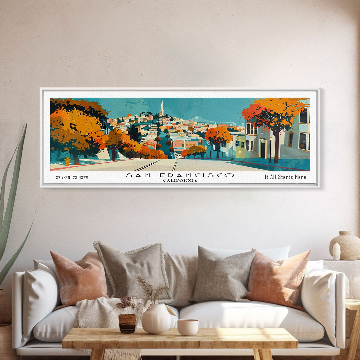 San Francisco California Panoramic Wall Art, Mid Century Modern Framed Canvas Print, Retro Pop Art Travel Poster, City Art, Office Wall Decor, Living Room Art