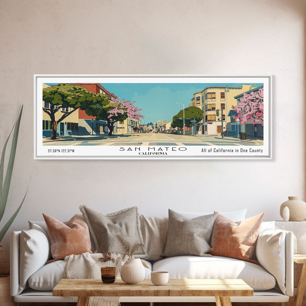 San Mateo California Panoramic Wall Art, Mid Century Modern Framed Canvas Print, Retro Pop Art Travel Poster, City Art, Office Wall Decor, Living Room Art