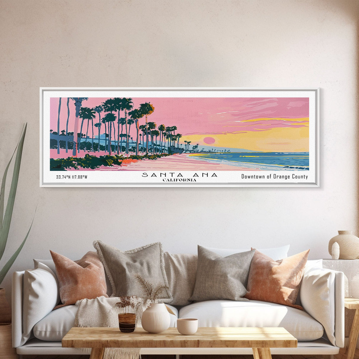 Santa Ana California Panoramic Painting, Mid Century Modern Framed Canvas Print, Retro Pop Art Travel Poster, City Art, Office Wall Decor, Living Room Art