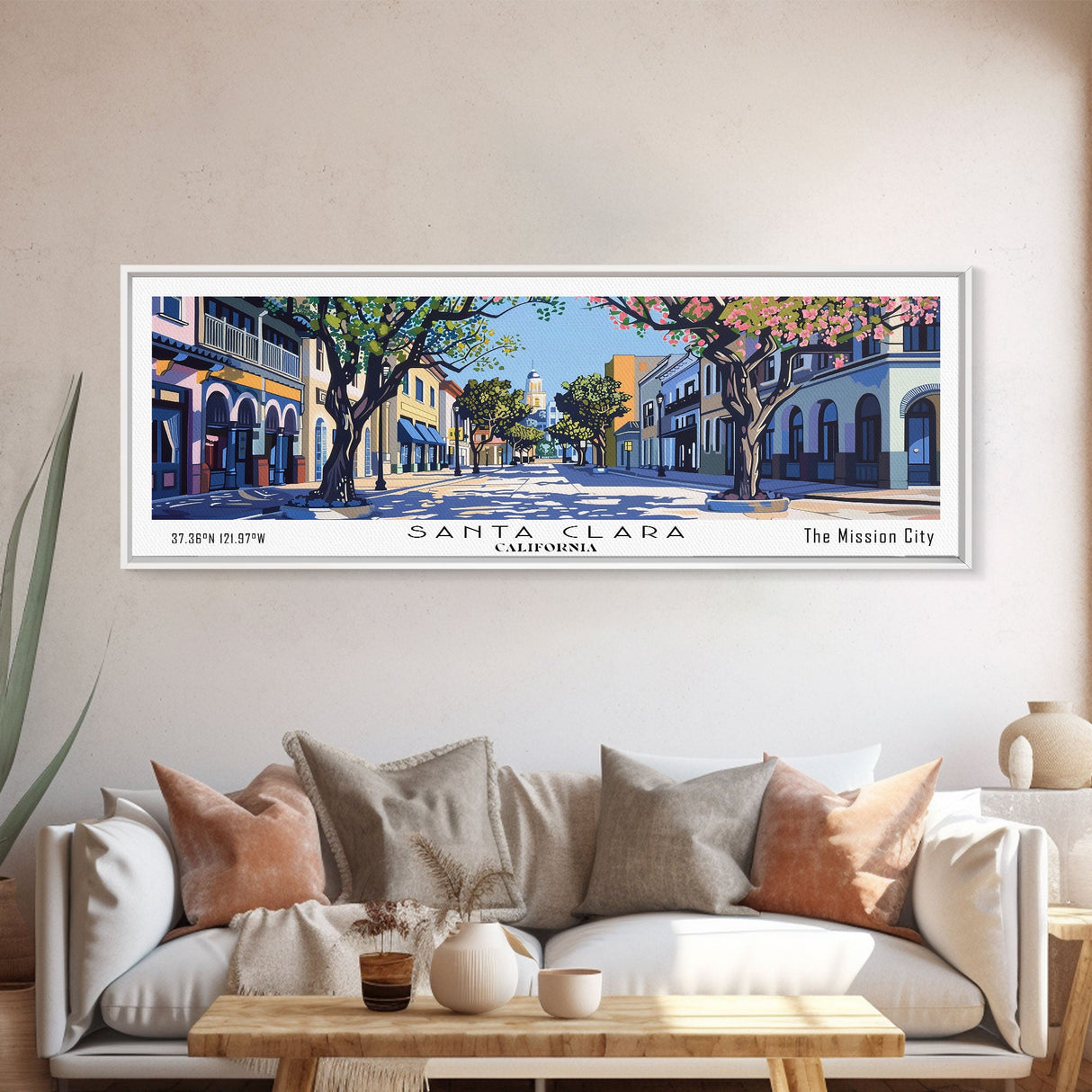 Santa Clara California Panoramic Wall Art, Mid Century Modern Framed Canvas Print, Retro Pop Art Travel Poster, City Art, Office Wall Decor, Living Room Art