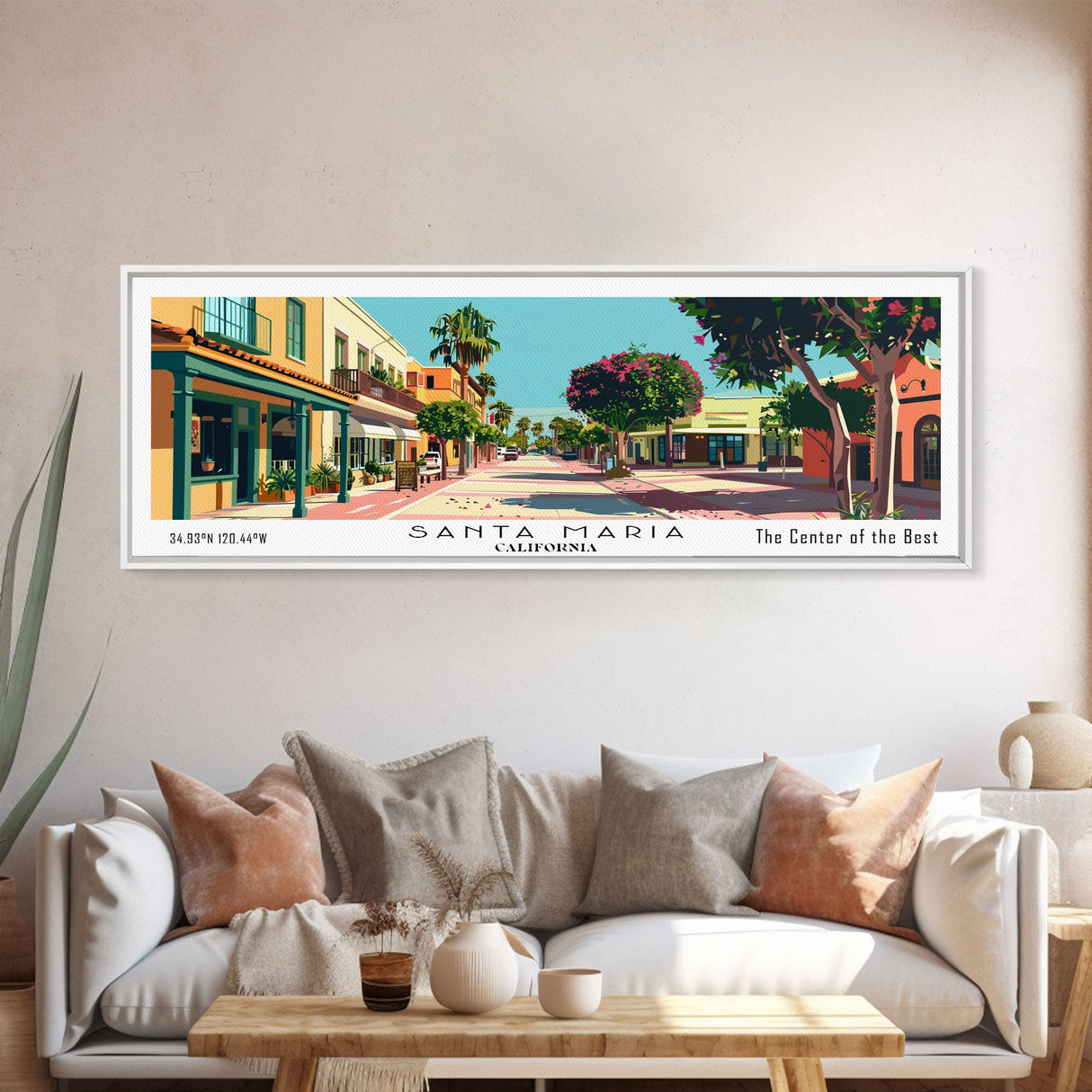 Santa Maria California Panoramic Painting, Mid Century Modern Framed Canvas Print, Retro Pop Art Travel Poster, Home and Office Wall Art Decor