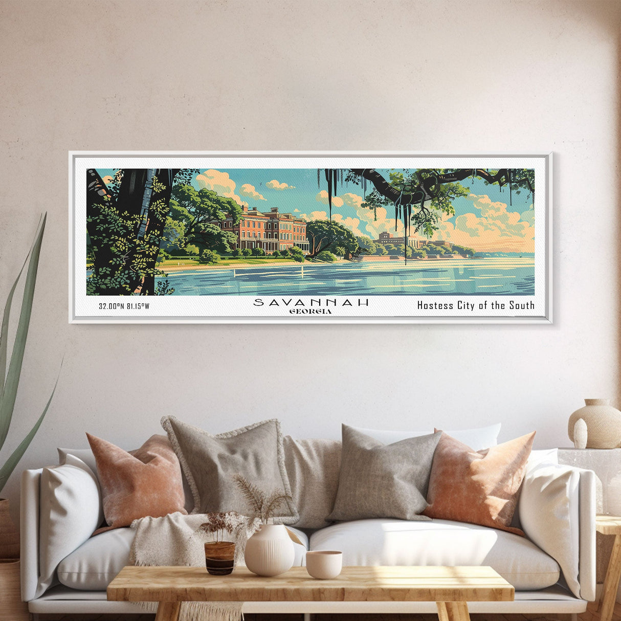 Savannah Georgia Panoramic Wall Art, Mid Century Modern Framed Canvas Print, Retro Pop Art Travel Poster, Living Room and Office Decor