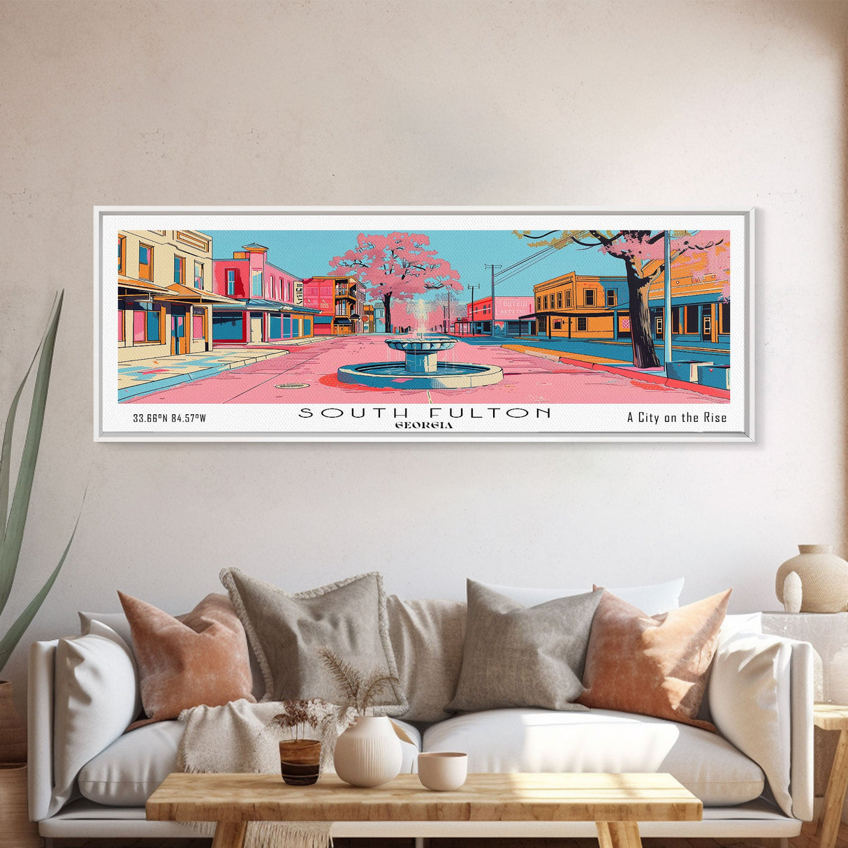 South Fulton Georgia Panoramic Painting, Mid Century Modern Framed Canvas Print, Retro Pop Art Travel Poster, Home and Office Wall Art Decor