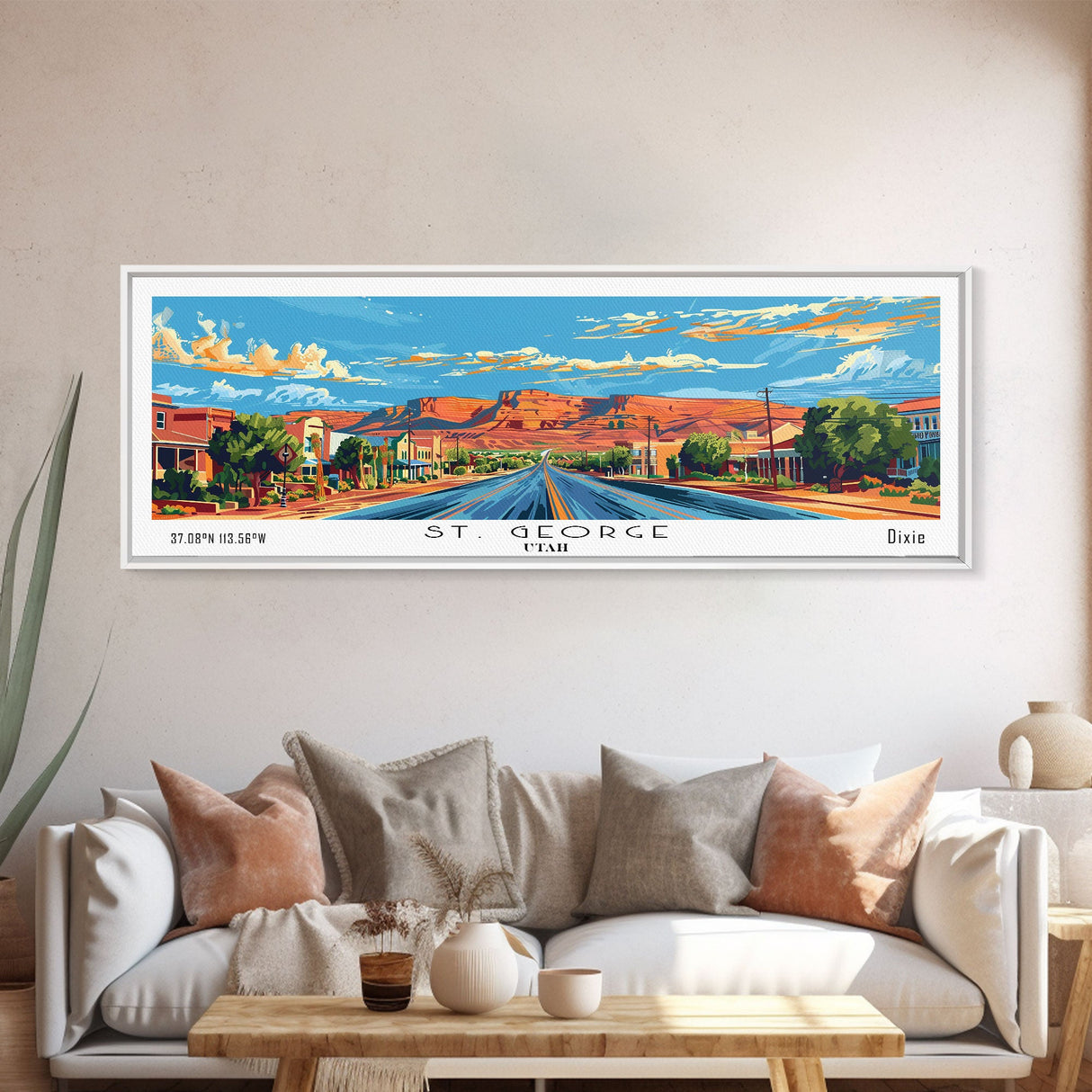 St. George Utah Panoramic Wall Art, Mid Century Modern Framed Canvas Print, Retro Pop Art Travel Poster, Office Wall Decor and Gift Idea