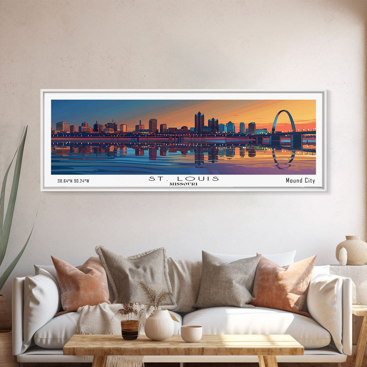 St. Louis Missouri Panoramic Painting, Mid Century Modern Framed Canvas Print, Retro Pop Art Travel Poster, Home and Office Wall Art Decor