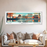 Stamford Connecticut Panoramic Painting, Mid Century Modern Framed Canvas Print, Retro Pop Art Travel Poster, Wall Hanging for Home Decor