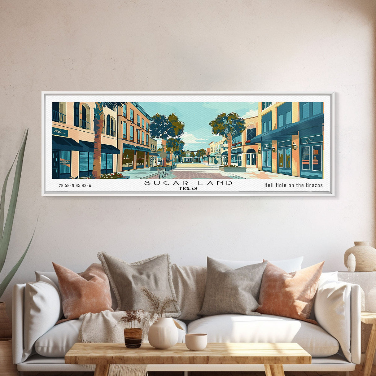 Sugarland Texas Panoramic Painting, Mid Century Modern Framed Canvas Print, Retro Pop Art Travel Poster, Living Room Wall Art Decor