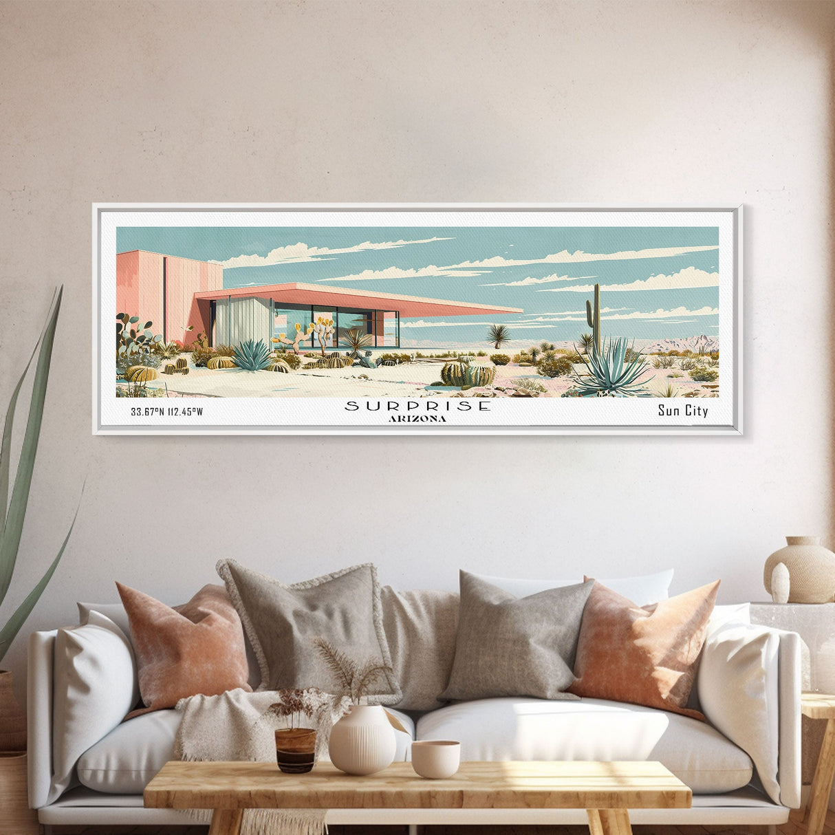 Surprise Arizona Panoramic Wall Art, Mid Century Modern Framed Canvas Print, Retro Pop Art Travel Poster, Office Wall Decor and Gift Idea