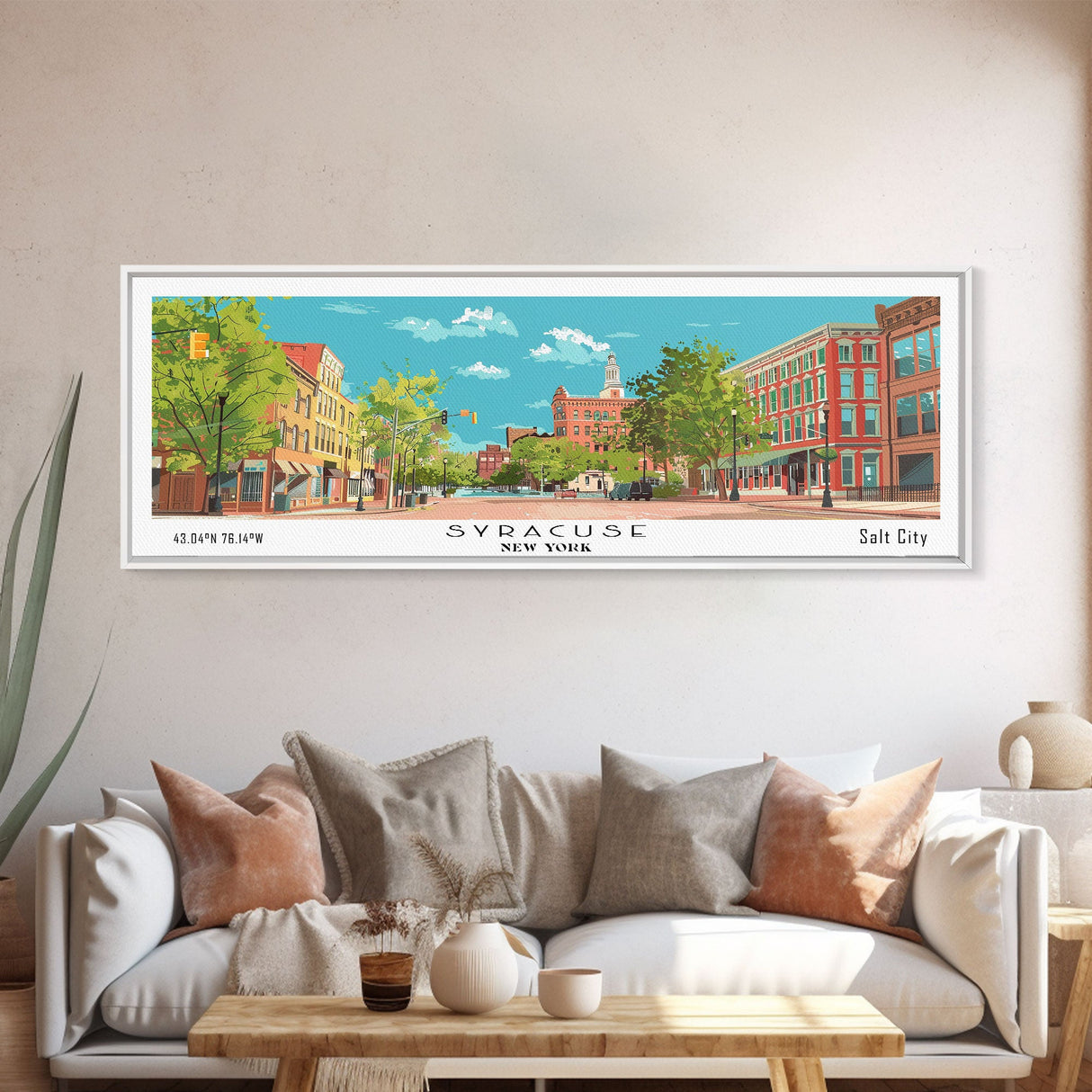 Syracuse New York Panoramic Painting, Mid Century Modern Framed Canvas Print, Retro Pop Art Travel Poster, Home and Office Wall Art Decor