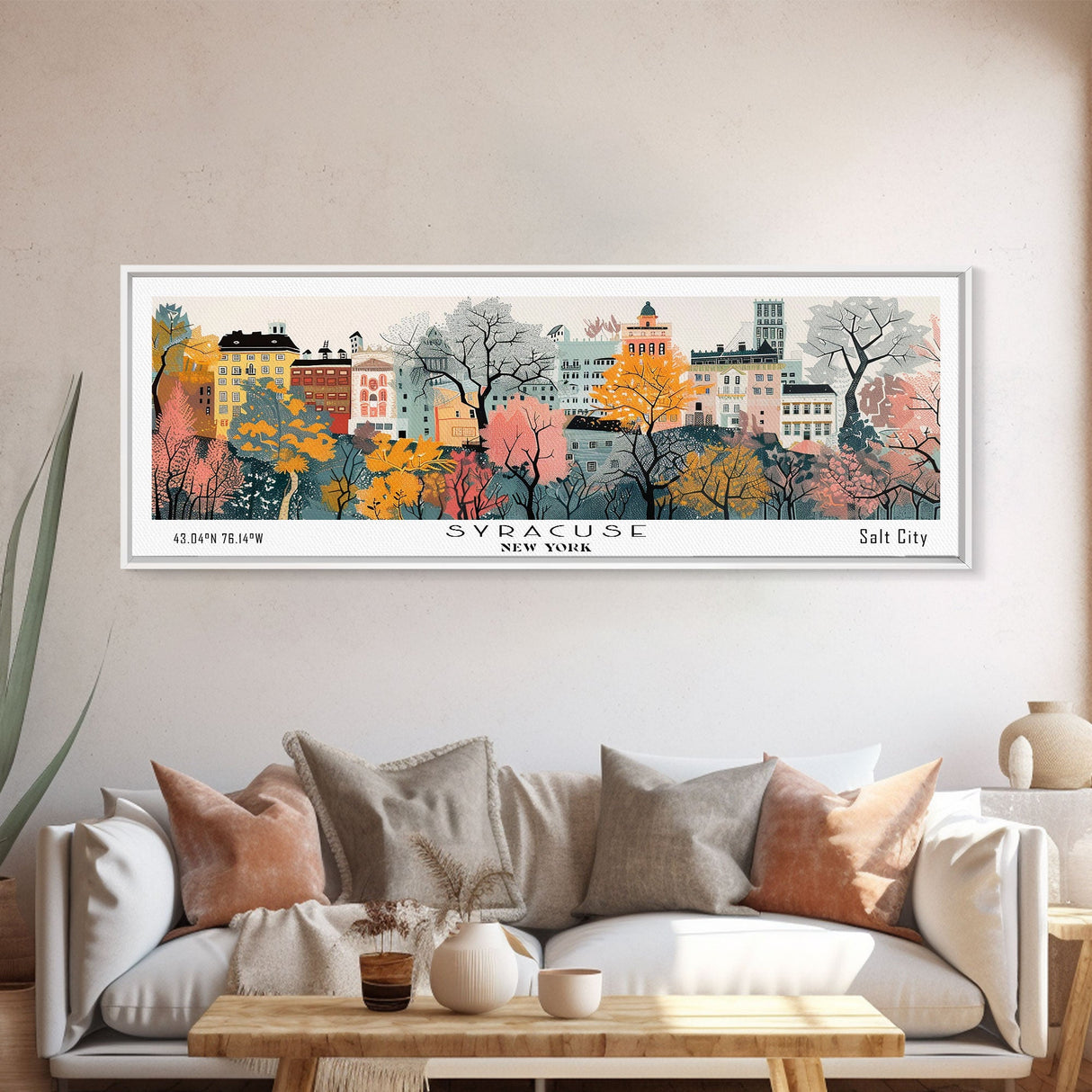 Syracuse New York Panoramic Wall Art, Mid Century Modern Framed Canvas Print, Retro Pop Art Travel Poster, Living Room and Office Decor