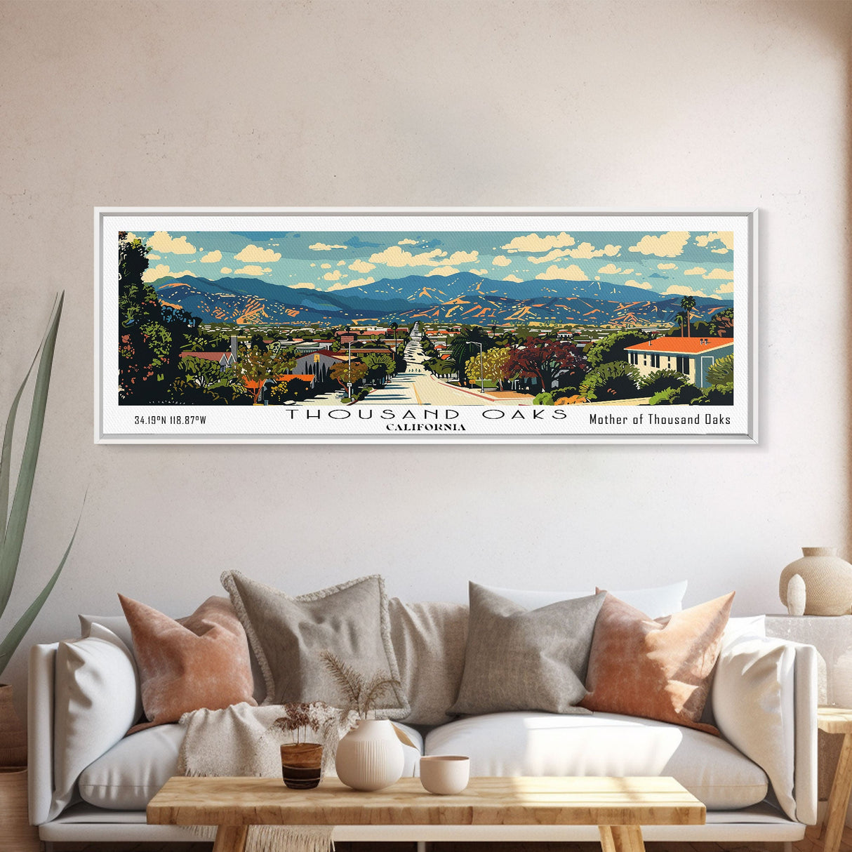 Thousand Oaks California Panoramic Wall Art, Mid Century Modern Framed Canvas Print, Retro Pop Art Travel Poster, Office Wall Decor and Gift Idea