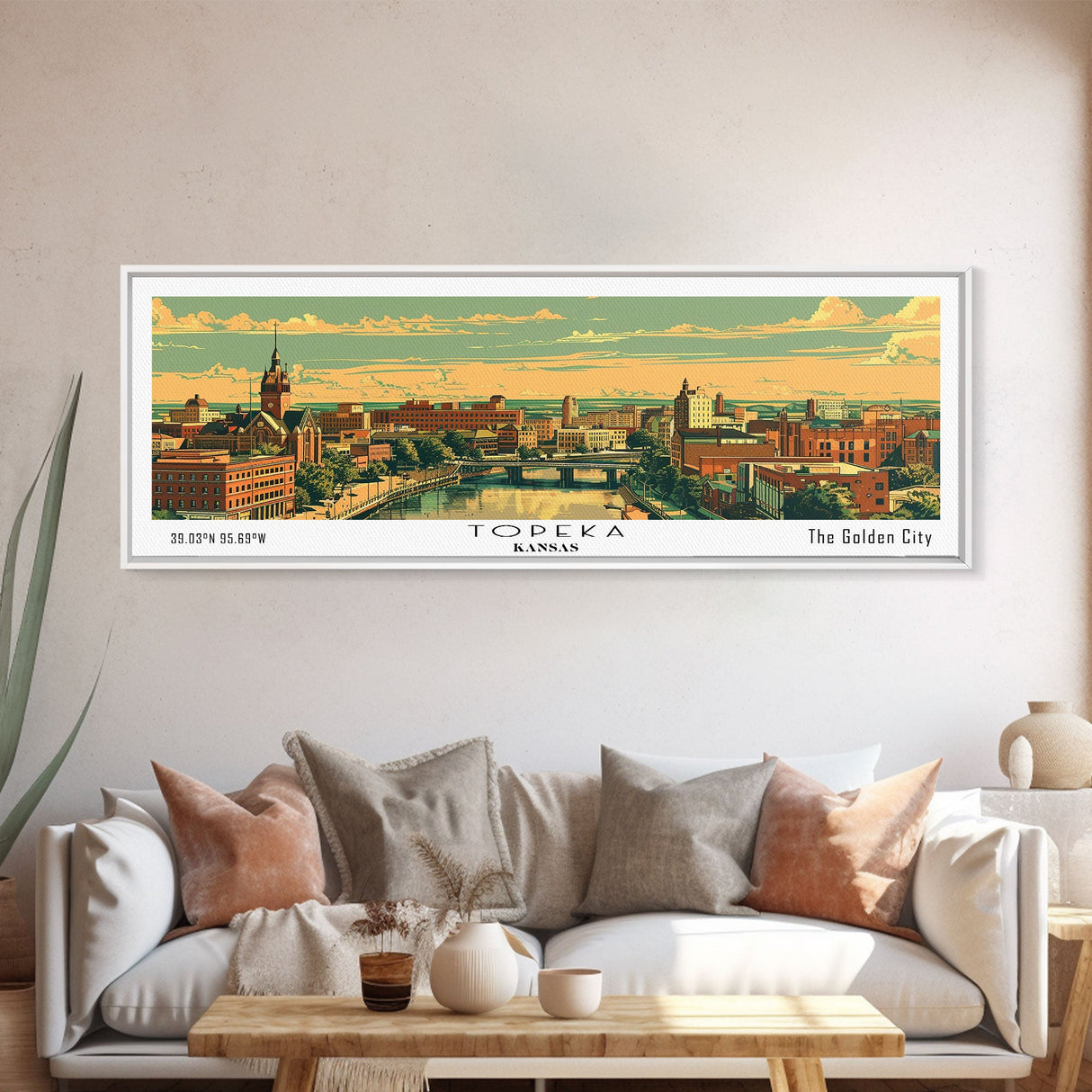 Topeka Kansas Panoramic Painting, Mid Century Modern Framed Canvas Print, Retro Pop Art Travel Poster, Home and Office Wall Art Decor