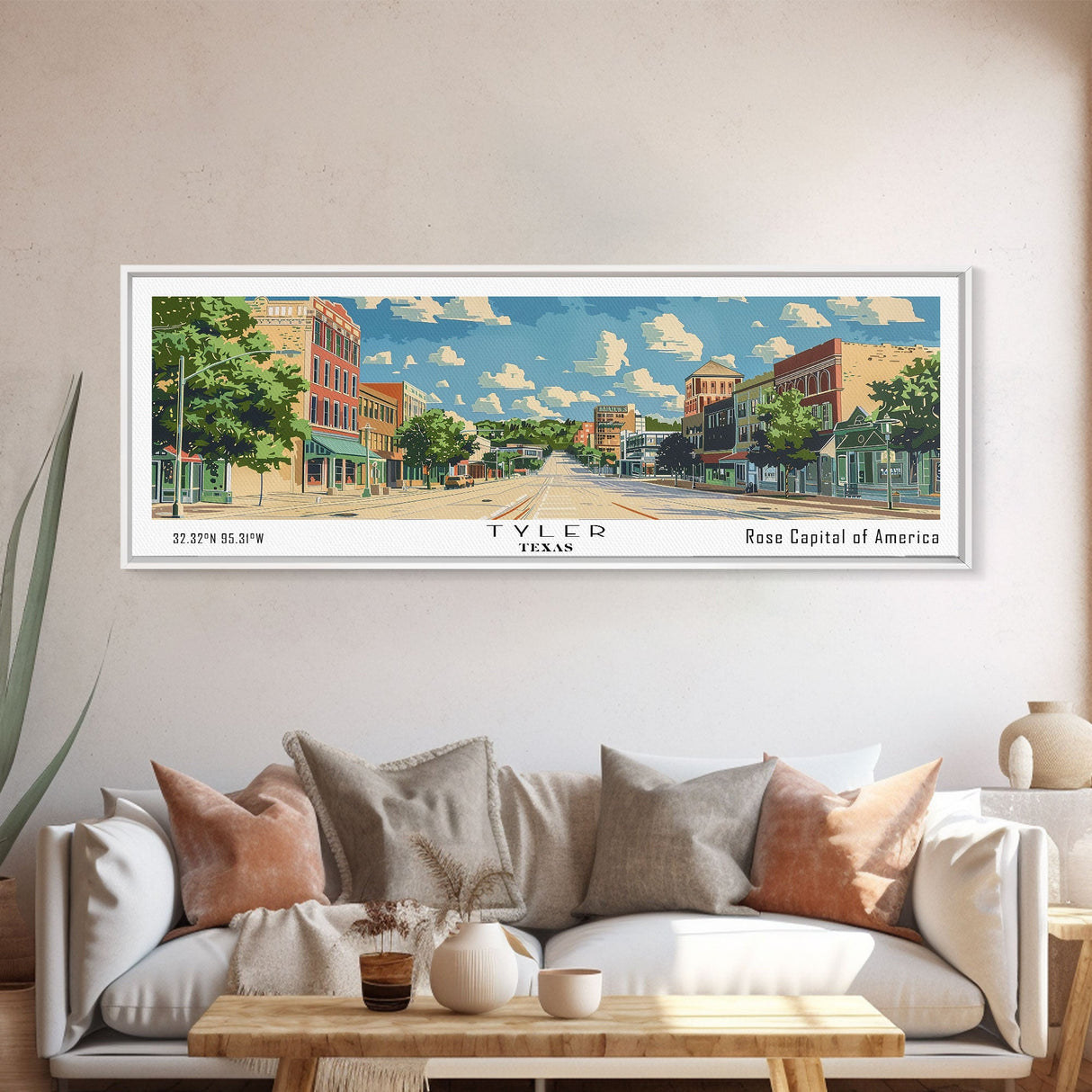 Tyler Texas Panoramic Wall Art, Mid Century Modern Framed Canvas Print, Retro Pop Art Travel Poster, City Print, Living Room Decor