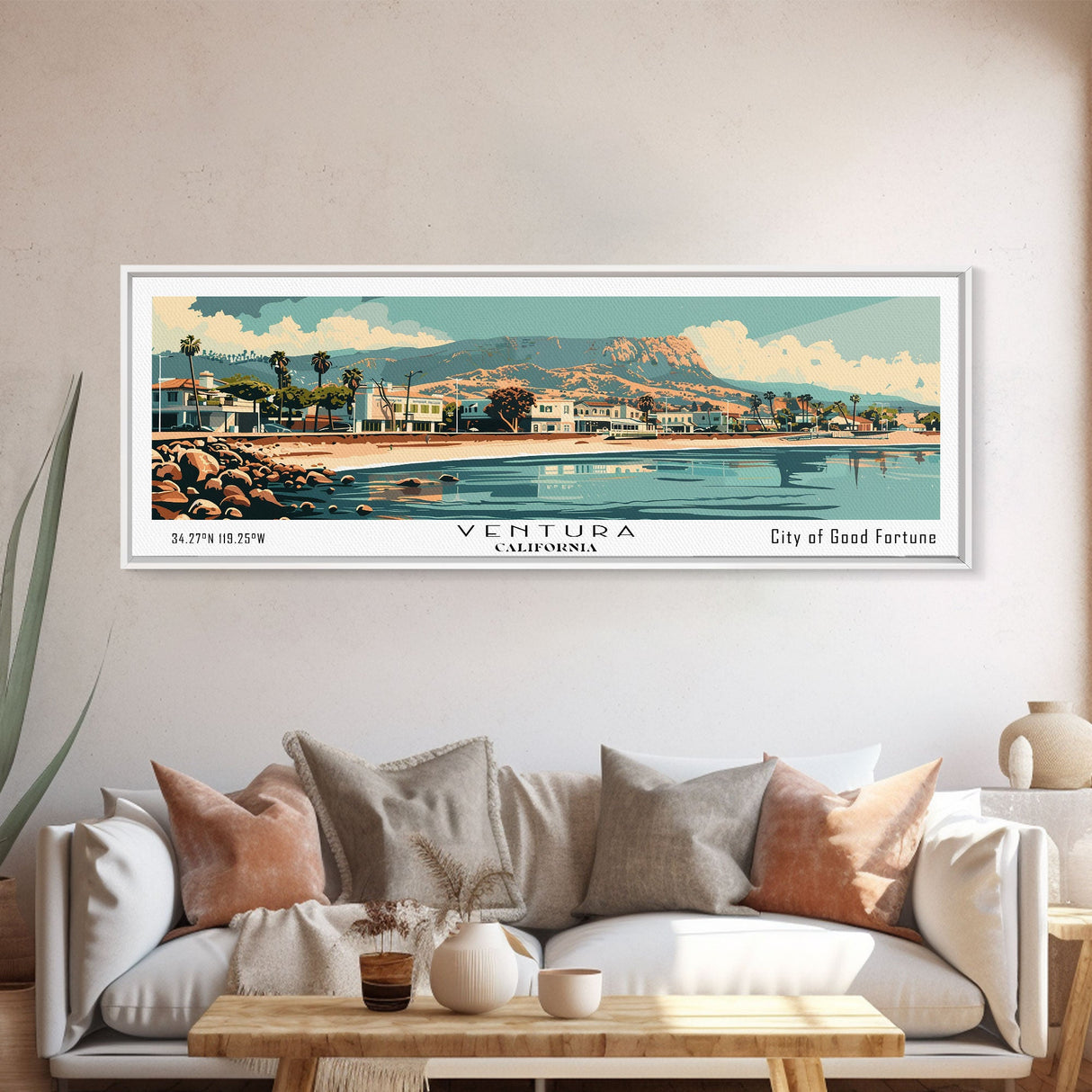 Ventura California Panoramic Wall Art, Mid Century Modern Framed Canvas Print, Retro Pop Art Travel Poster, City Art, Home Decoration