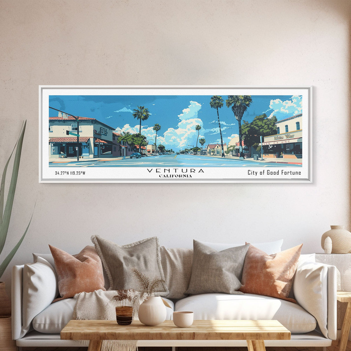 Ventura California Panoramic Painting, Mid Century Modern Framed Canvas Print, Retro Pop Art Travel Poster, City Print, Office Wall Art