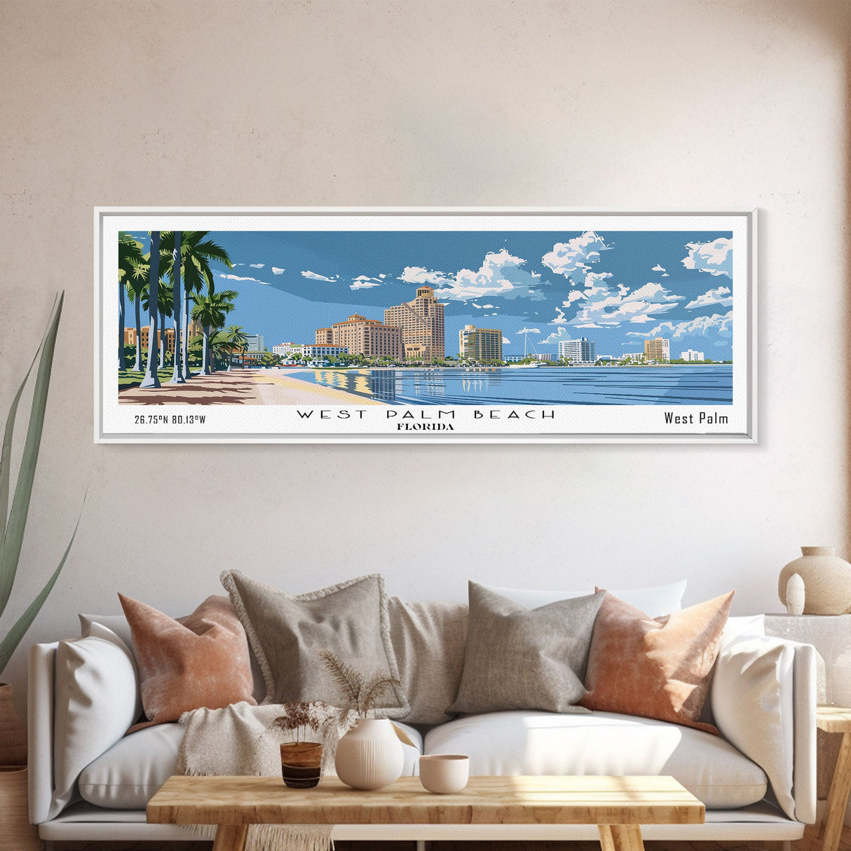 West Palm Beach Florida Panoramic Wall Art, Mid Century Modern Framed Canvas Print, Retro Pop Art Travel Poster, City Art, Home Decoration