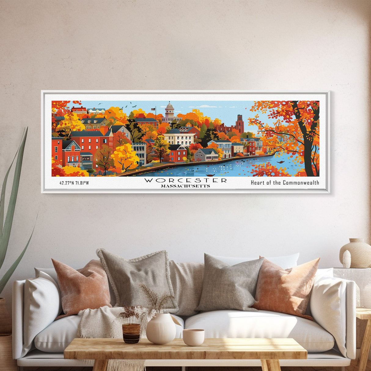 Worcester Massachusetts Panoramic Art, Mid Century Modern Framed Canvas Print, Retro Pop Art Travel Poster, City Print, Living Room Wall Decor