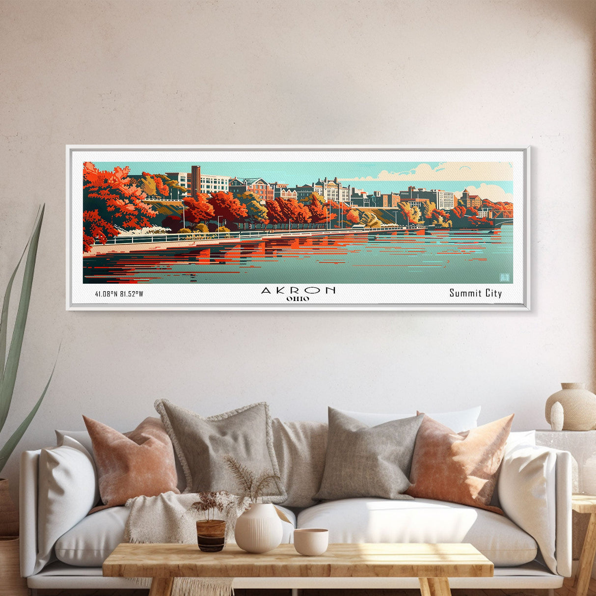 Akron Ohio Panoramic Painting, Framed Canvas Print, Mid Century Modern Wall Art, Retro Pop Art Travel Poster, Living Room Decor, City Art