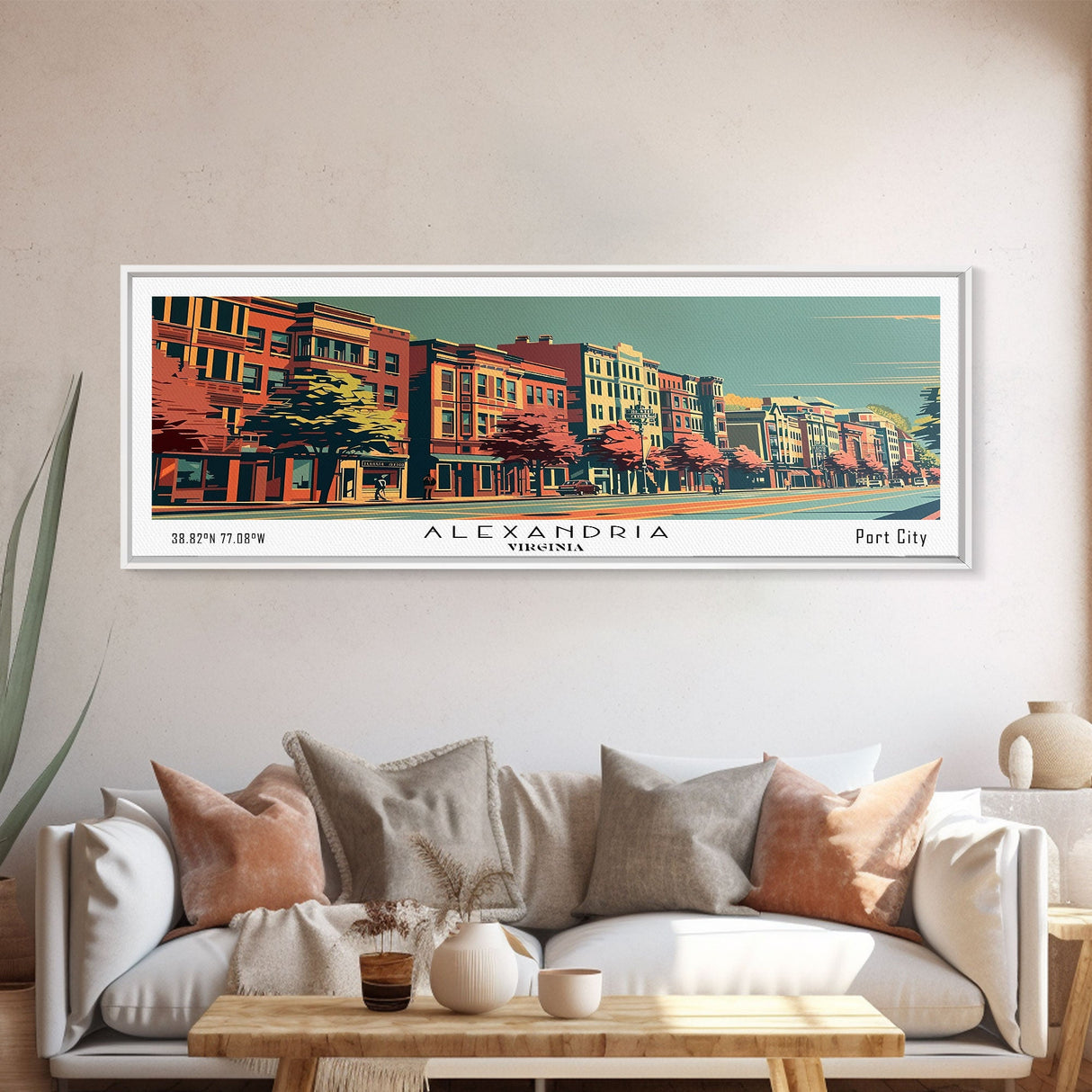 Alexandria Virginia Panoramic Painting, Framed Canvas Print, Mid Century Modern Wall Art, Retro Pop Art Travel Poster, Living Room Decor, City Art