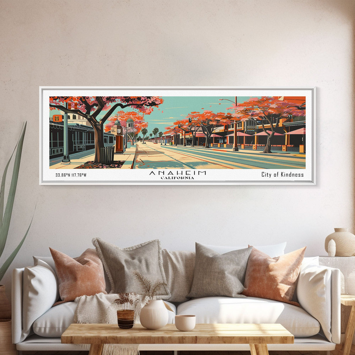 Anaheim California Panoramic Painting, Framed Canvas Print, Mid Century Modern Wall Art, Retro Pop Art Travel Poster, Office Decor, City Art