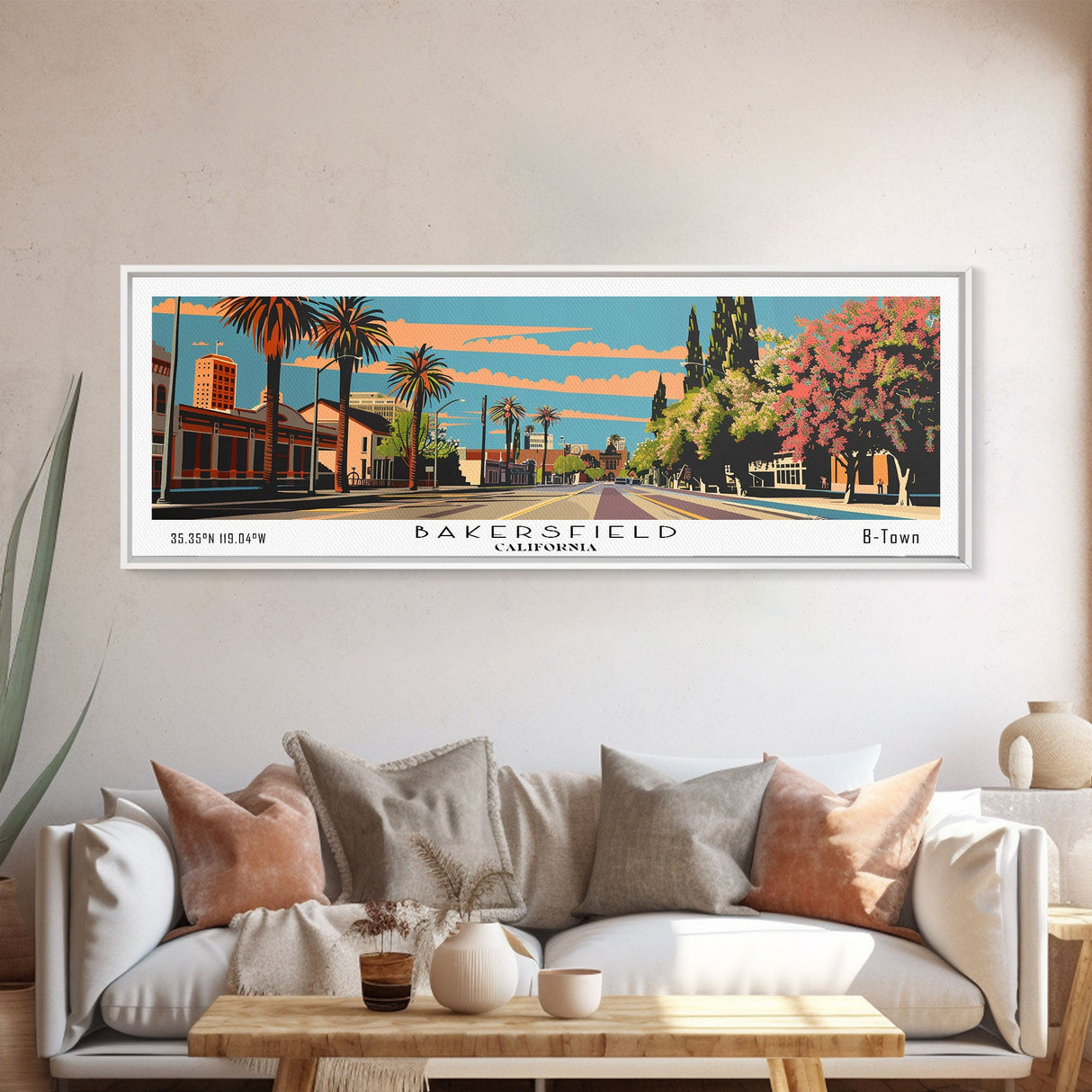 Bakersfield California Panoramic Painting, Framed Canvas Print, Mid Century Modern Wall Art, Retro Pop Art Travel Poster, Living Room Decor, City Art