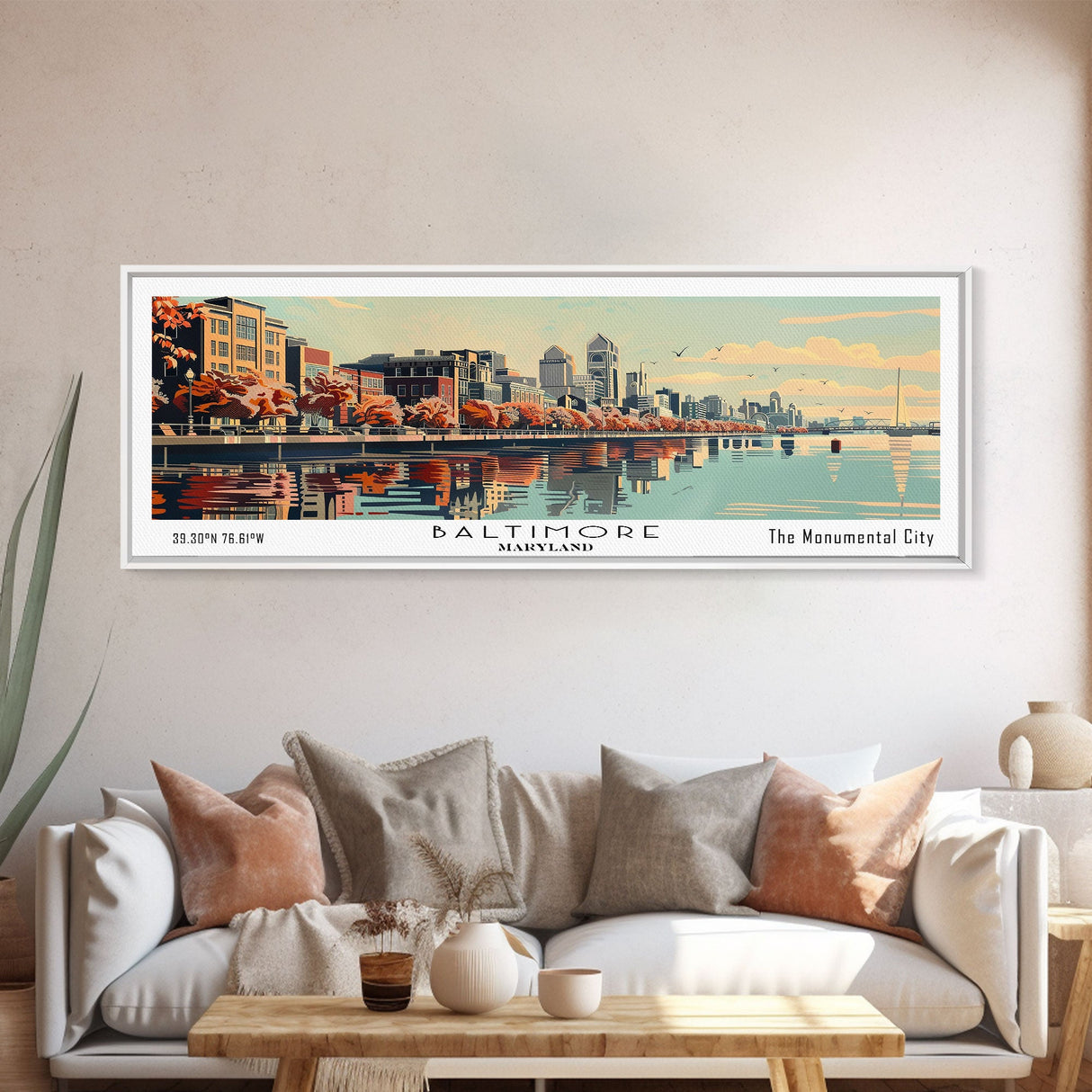 Baltimore Maryland Panoramic Painting, Framed Canvas Print, Mid Century Modern Wall Art, Retro Pop Art Travel Poster, Office Decor, City Art