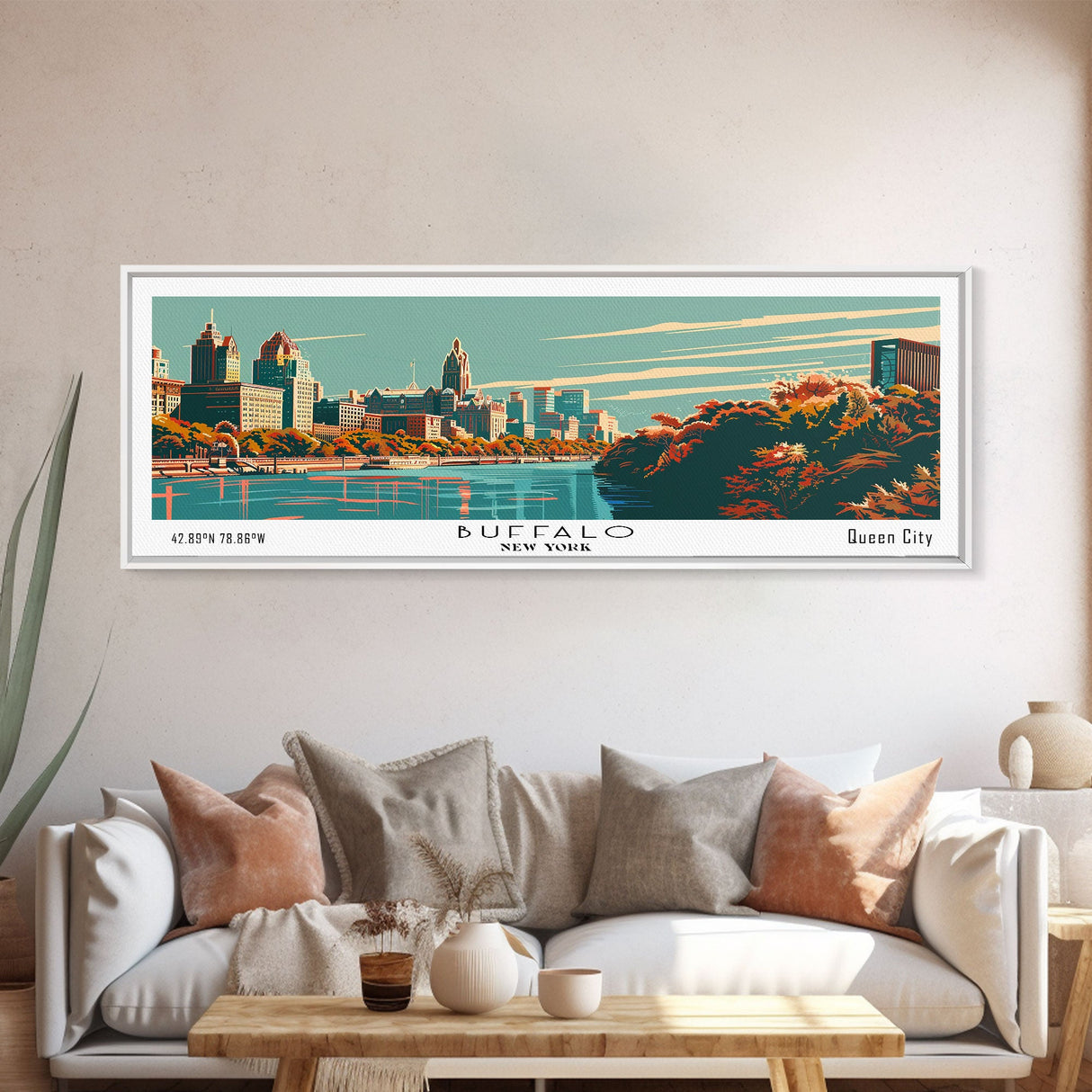 Buffalo New York Panoramic Painting, Framed Canvas Print, Mid Century Modern Wall Art, Retro Pop Art Travel Poster, Office Decor, City Art