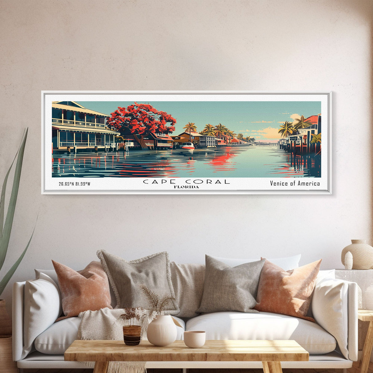 Cape Coral Florida Panoramic Painting, Framed Canvas Print, Mid Century Modern Wall Art, Retro Pop Art Travel Poster, Home Decor, City Art