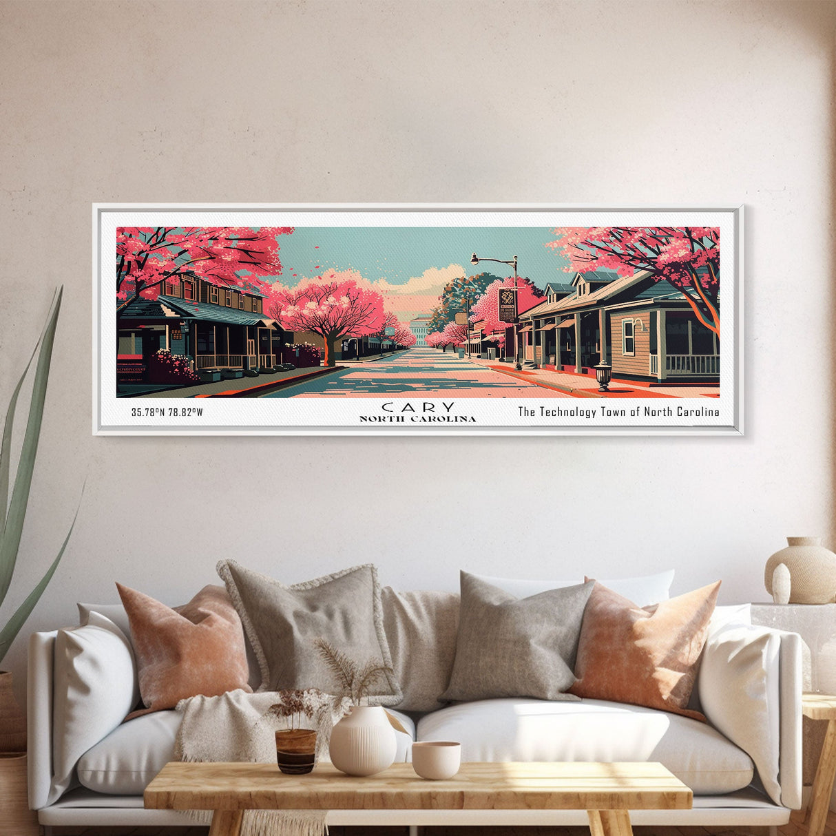 Cary North Carolina Panoramic Painting, Framed Canvas Print, Mid Century Modern Wall Art, Retro Pop Art Travel Poster, Office Decor, City Art