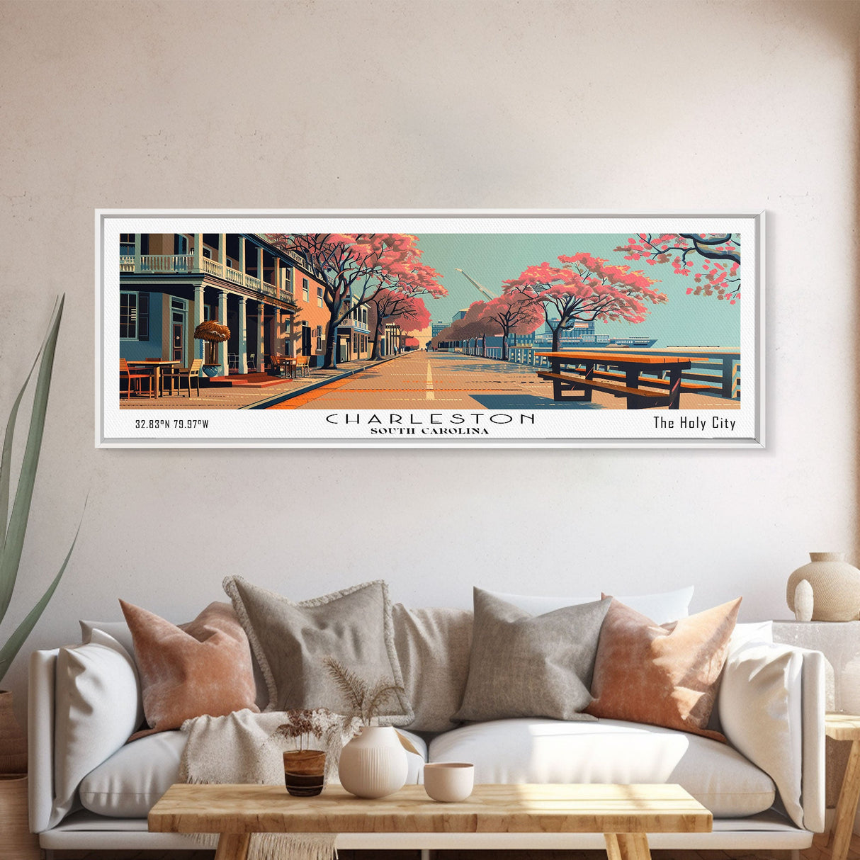 Charleston South Carolina Panoramic Painting, Framed Canvas Print, Mid Century Modern Wall Art, Retro Pop Art Travel Poster, Home Decor, City Art