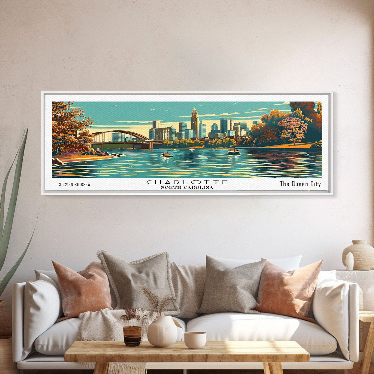 Charlotte North Carolina Panoramic Painting, Framed Canvas Print, Mid Century Modern Wall Art, Retro Pop Art Travel Poster, Living Room Decor, City Art