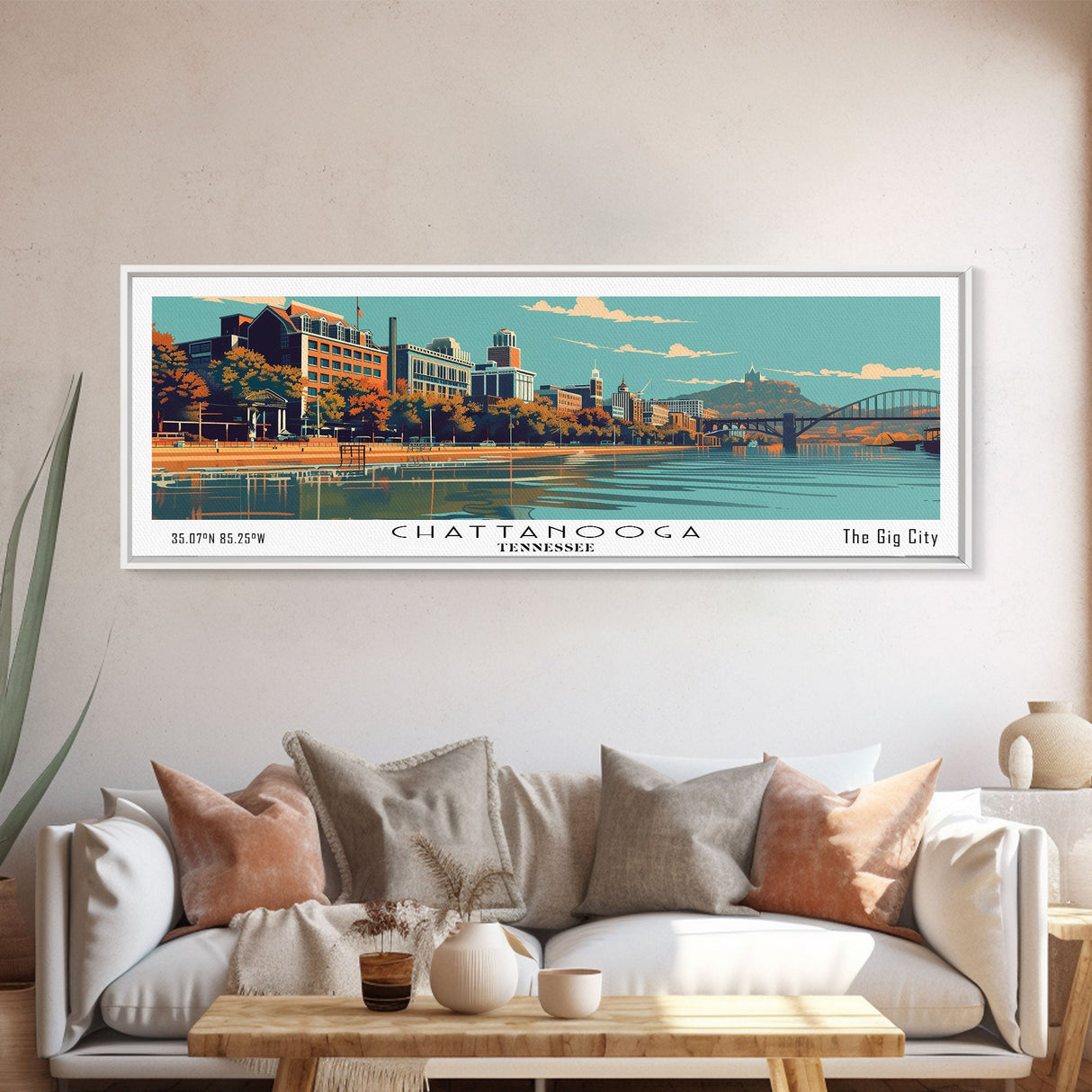 Chattanooga Tennessee Panoramic Painting, Framed Canvas Print, Mid Century Modern Wall Art, Retro Pop Art Travel Poster, Home Decor, City Art