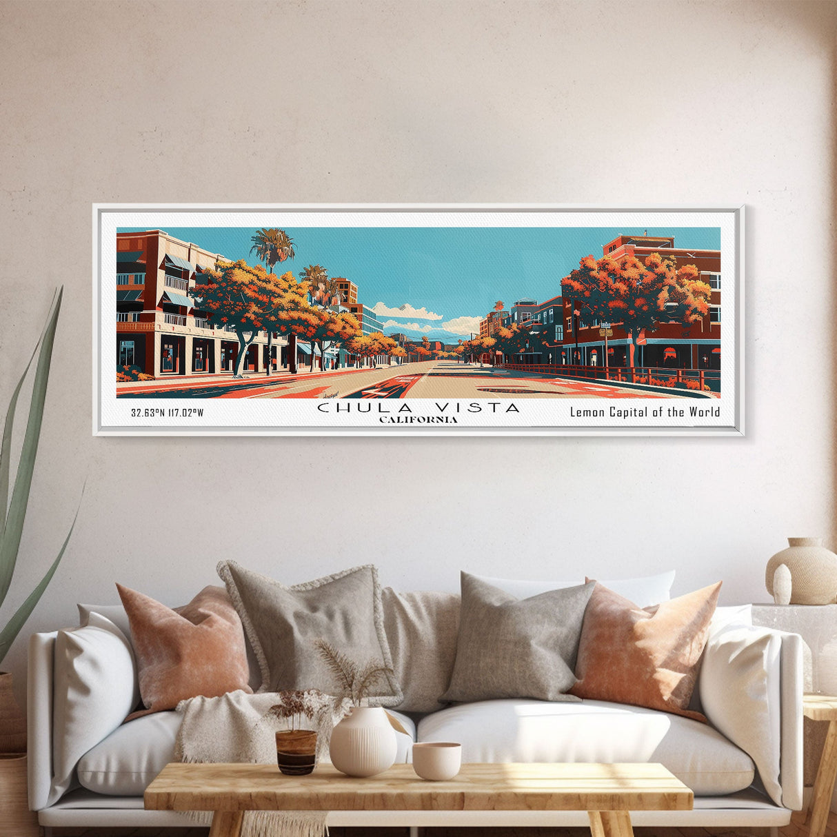 Chula Vista California Panoramic Painting, Framed Canvas Print, Mid Century Modern Wall Art, Retro Pop Art Travel Poster, Home Decor, City Art