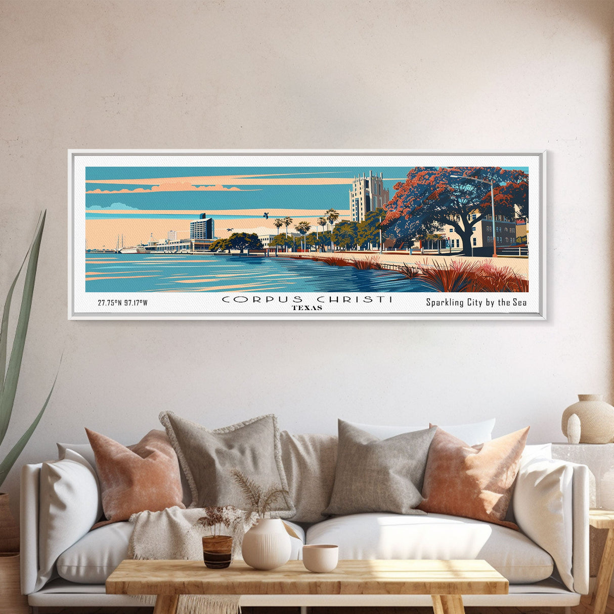 Corpus Christi Texas Panoramic Painting, Framed Canvas Print, Mid Century Modern Wall Art, Retro Pop Art Travel Poster, Office Decor, City Art