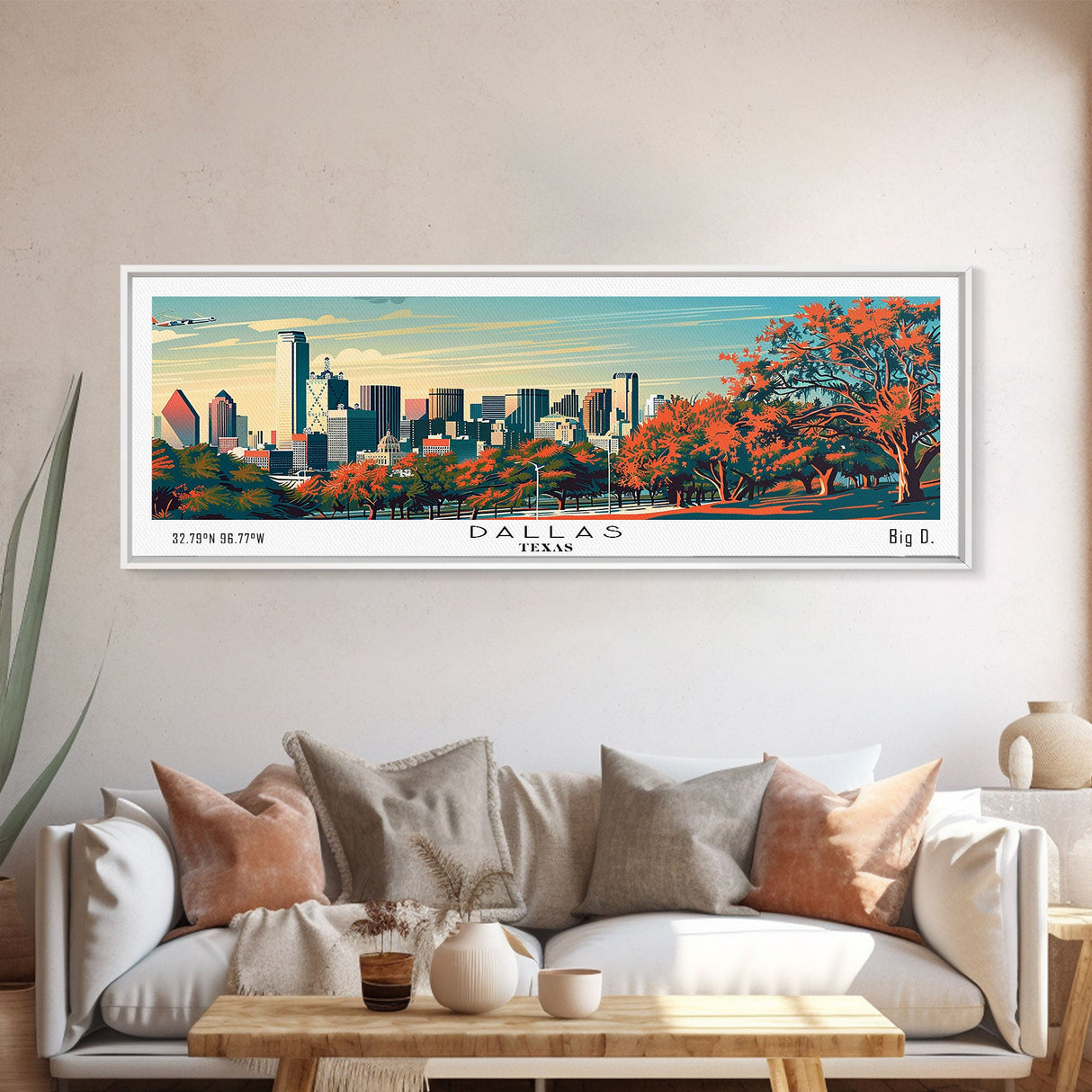 Dallas Texas Panoramic Painting, Framed Canvas Print, Mid Century Modern Wall Art, Retro Pop Art Travel Poster, Home Decor, City Art