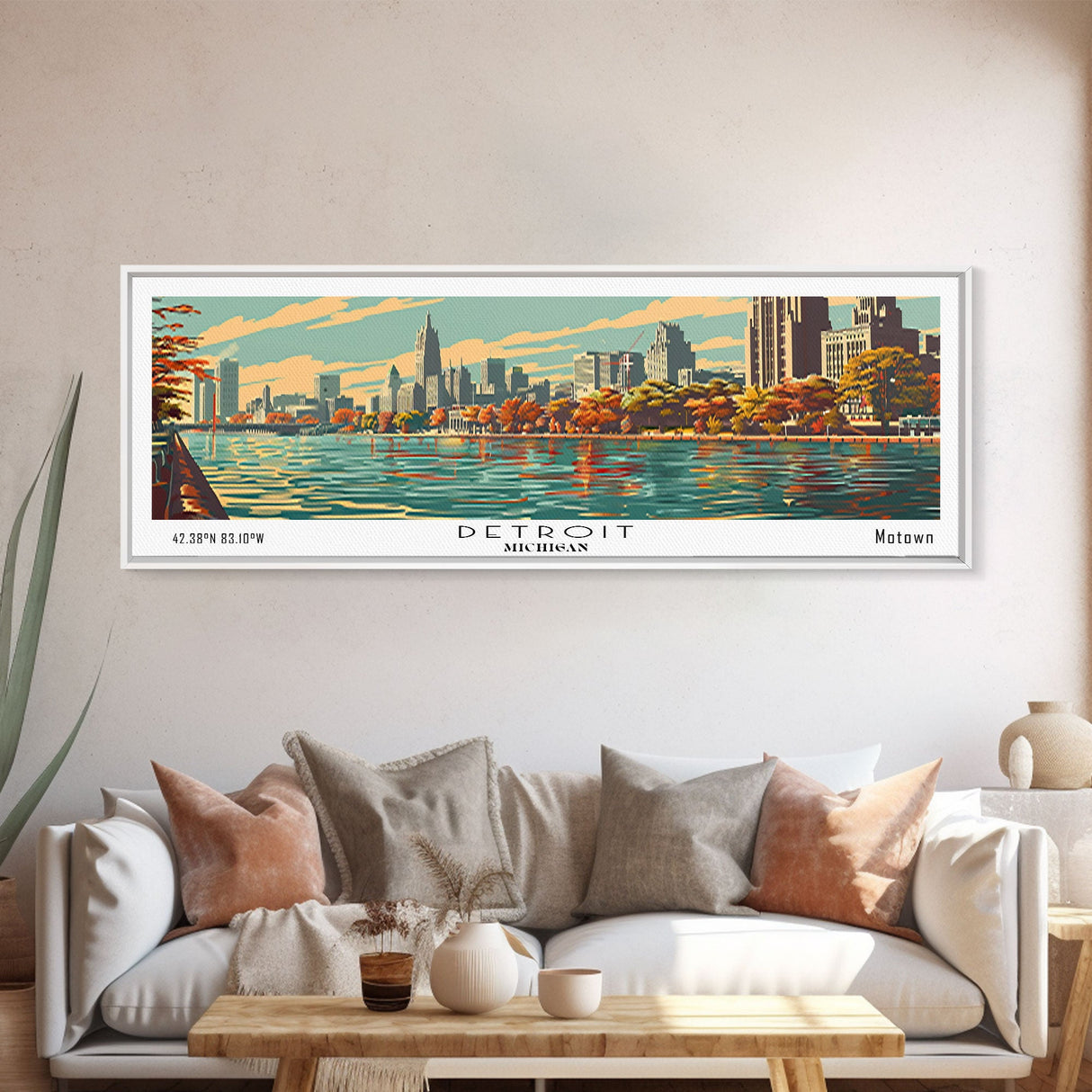 Detroit Michigan Panoramic Painting, Framed Canvas Print, Mid Century Modern Wall Art, Retro Pop Art Travel Poster, Office Decor, City Art