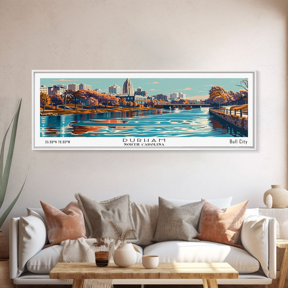 Durham North Carolina Panoramic Painting, Framed Canvas Print, Mid Century Modern Wall Art, Retro Pop Art Travel Poster, Home Decor, City Art