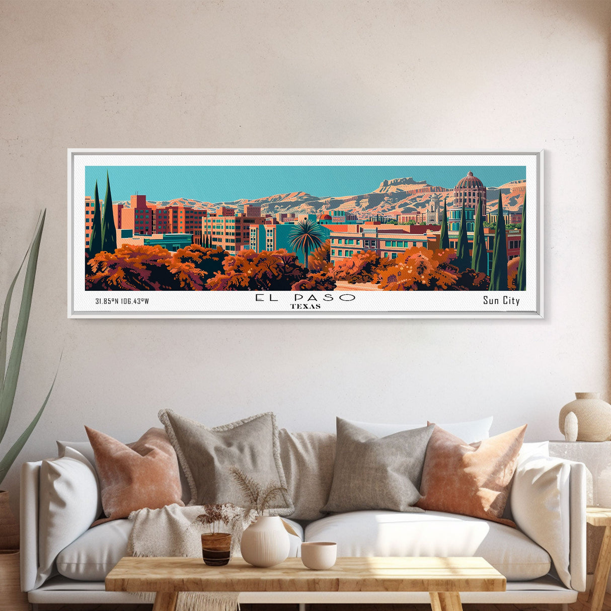 El Paso Texas Panoramic Painting, Framed Canvas Print, Mid Century Modern Wall Art, Retro Pop Art Travel Poster, Home Decor, City Art