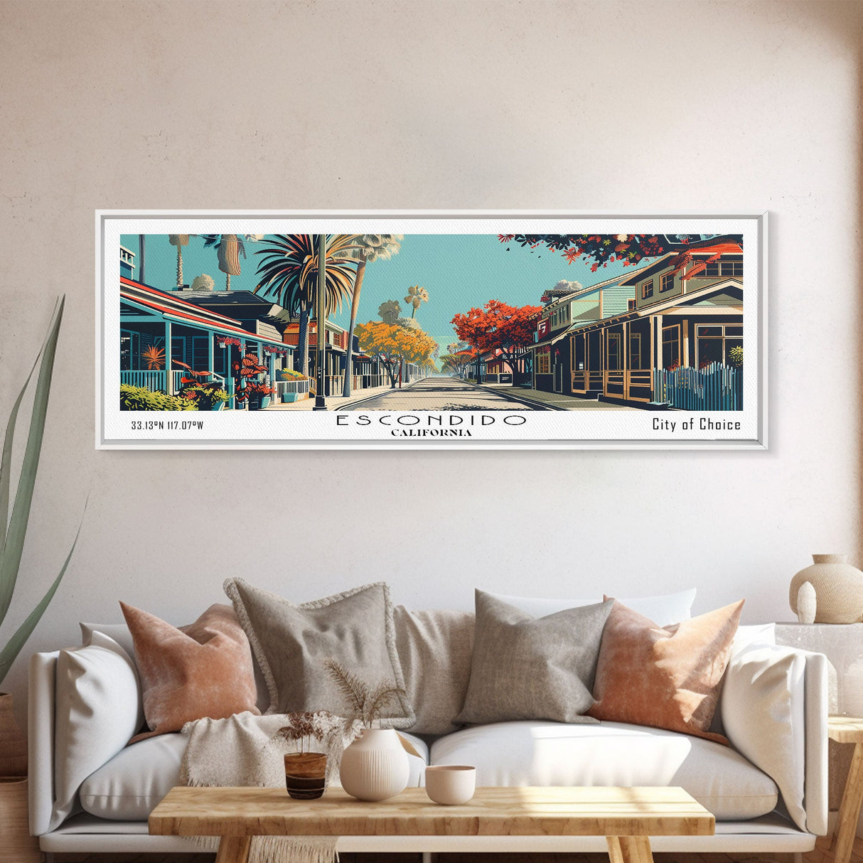 Escondido California Panoramic Painting, Framed Canvas Print, Mid Century Modern Wall Art, Retro Pop Art Travel Poster, Living Room Decor, City Art