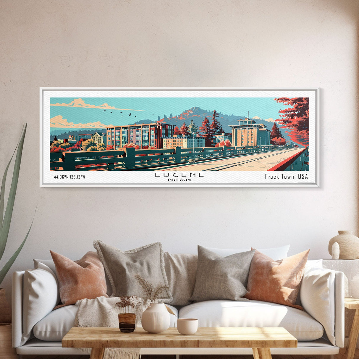 Eugene Oregon Panoramic Painting, Framed Canvas Print, Mid Century Modern Wall Art, Retro Pop Art Travel Poster, Office Decor, City Art