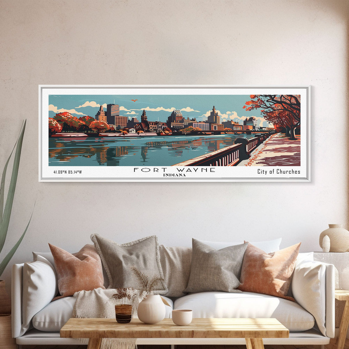 Fort Wayne Indiana Panoramic Painting, Framed Canvas Print, Mid Century Modern Wall Art, Retro Pop Art Travel Poster, Office Decor, City Art