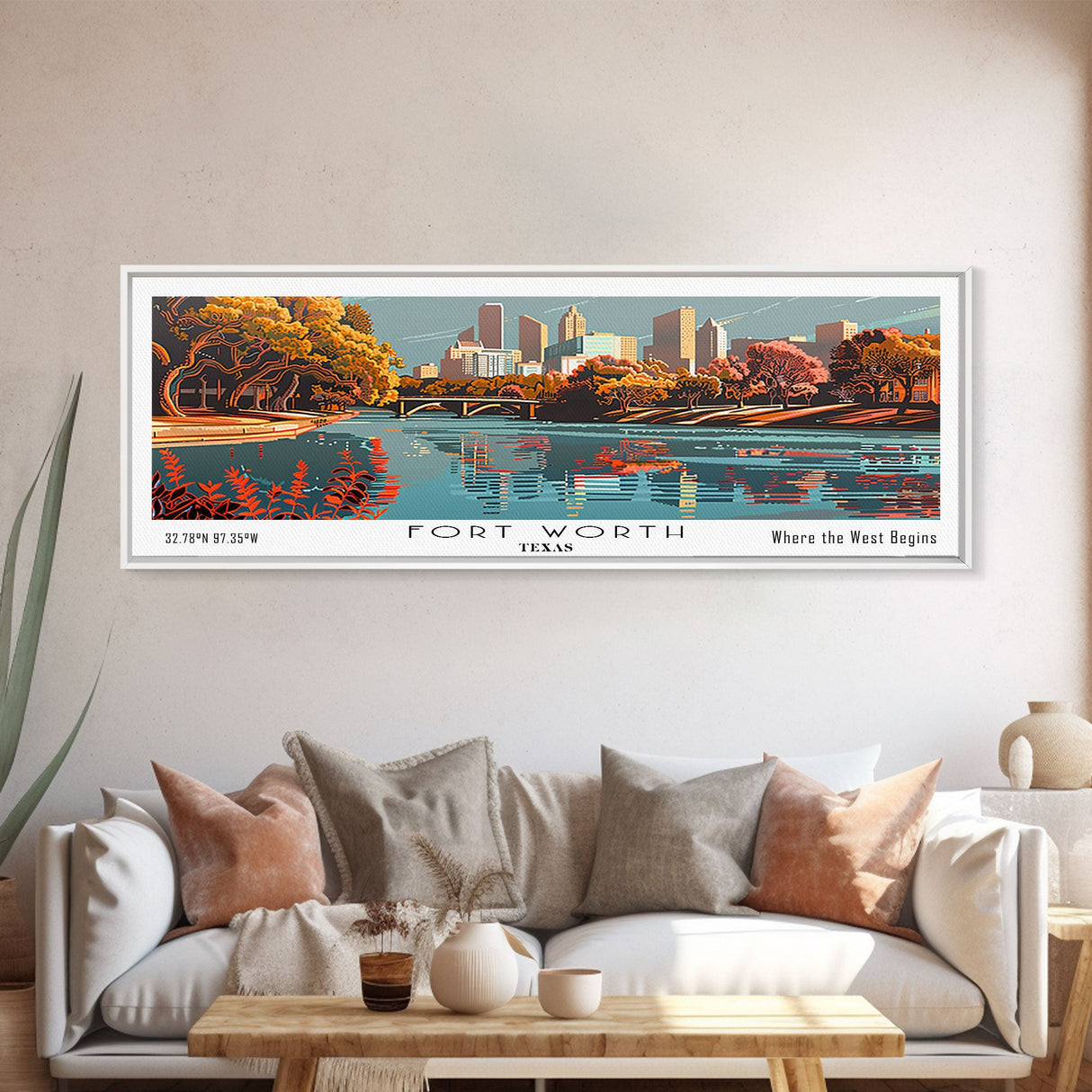 Fort Worth Texas Panoramic Painting, Framed Canvas Print, Mid Century Modern Wall Art, Retro Pop Art Travel Poster, Home Decor, City Art