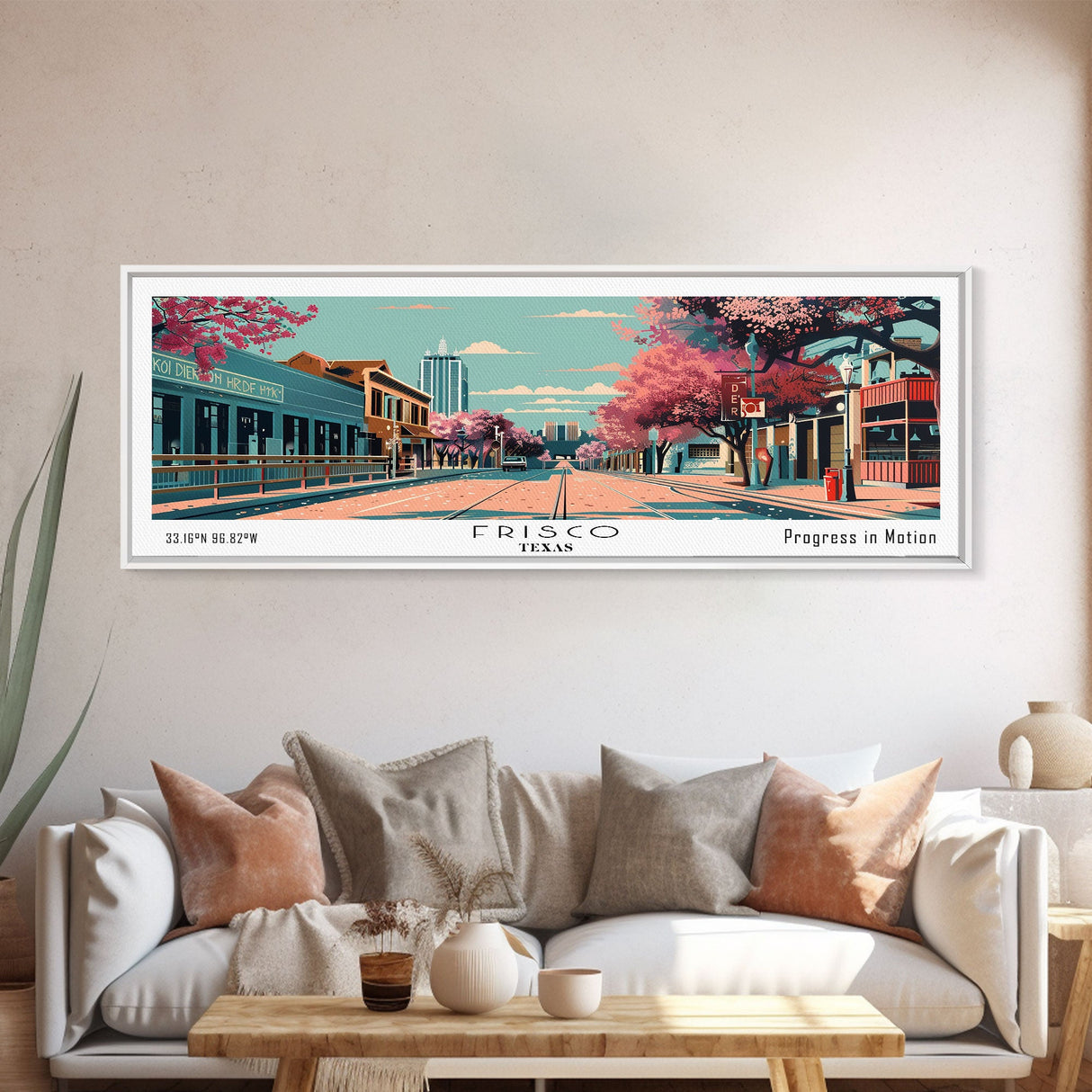 Frisco Texas Panoramic Painting, Framed Canvas Print, Mid Century Modern Wall Art, Retro Pop Art Travel Poster, Office Decor, City Art