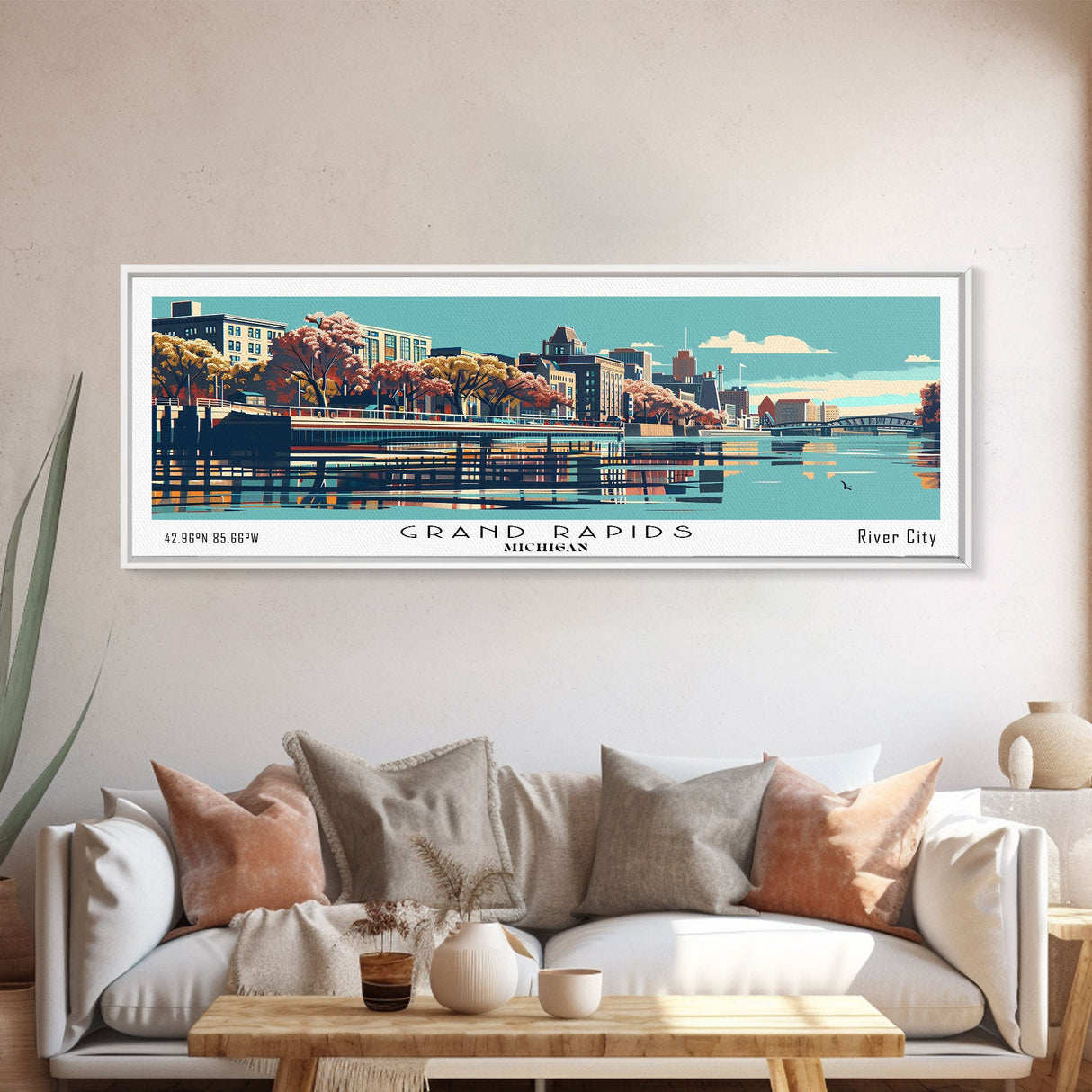 Grand Rapids Michigan Panoramic Painting, Framed Canvas Print, Mid Century Modern Wall Art, Retro Pop Art Travel Poster, Cityscape Decor, Living Room Art, Office Wall Art