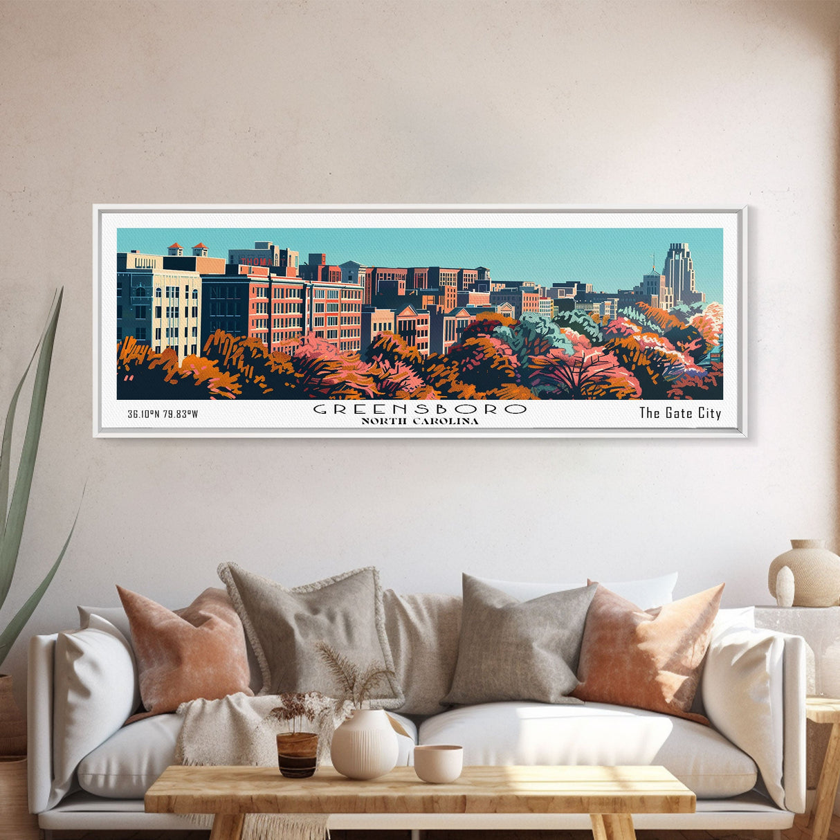 Greensboro North Carolina Panoramic Painting, Mid Century Modern Framed Canvas Print, Retro Pop Art Travel Poster, Cityscape Wall Art, Living Room Decor, Office Art